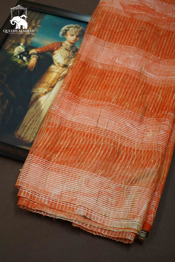 RADDISH ORANGE MARBLE PRINT  GHICHA ORAGANZA SAREE - Queens Jewel Emporium