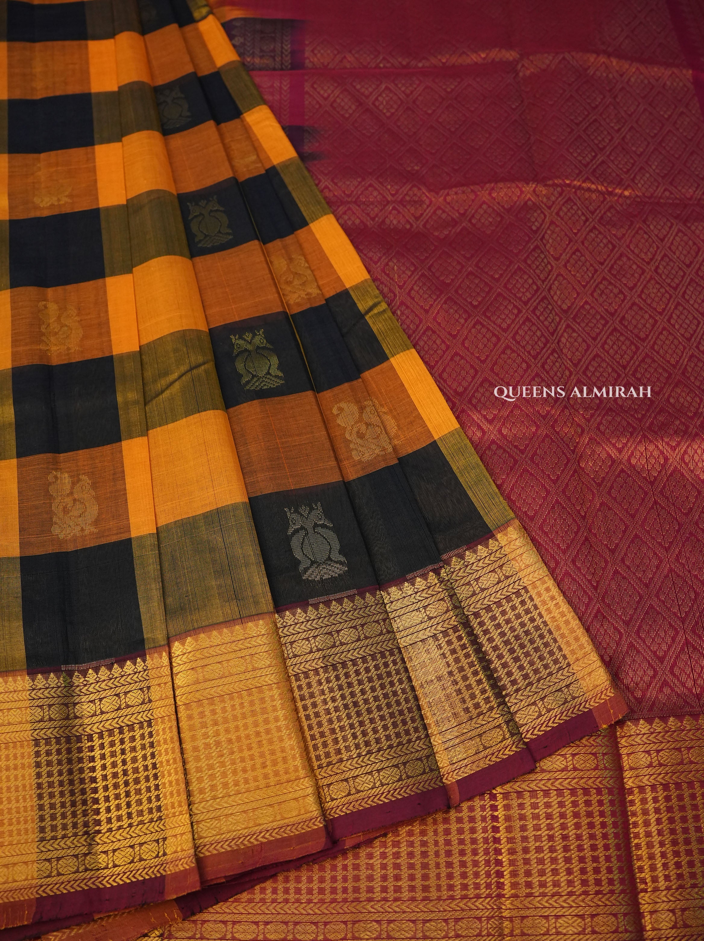 Yellow With Black Kattam Pure Silk Cotton Saree