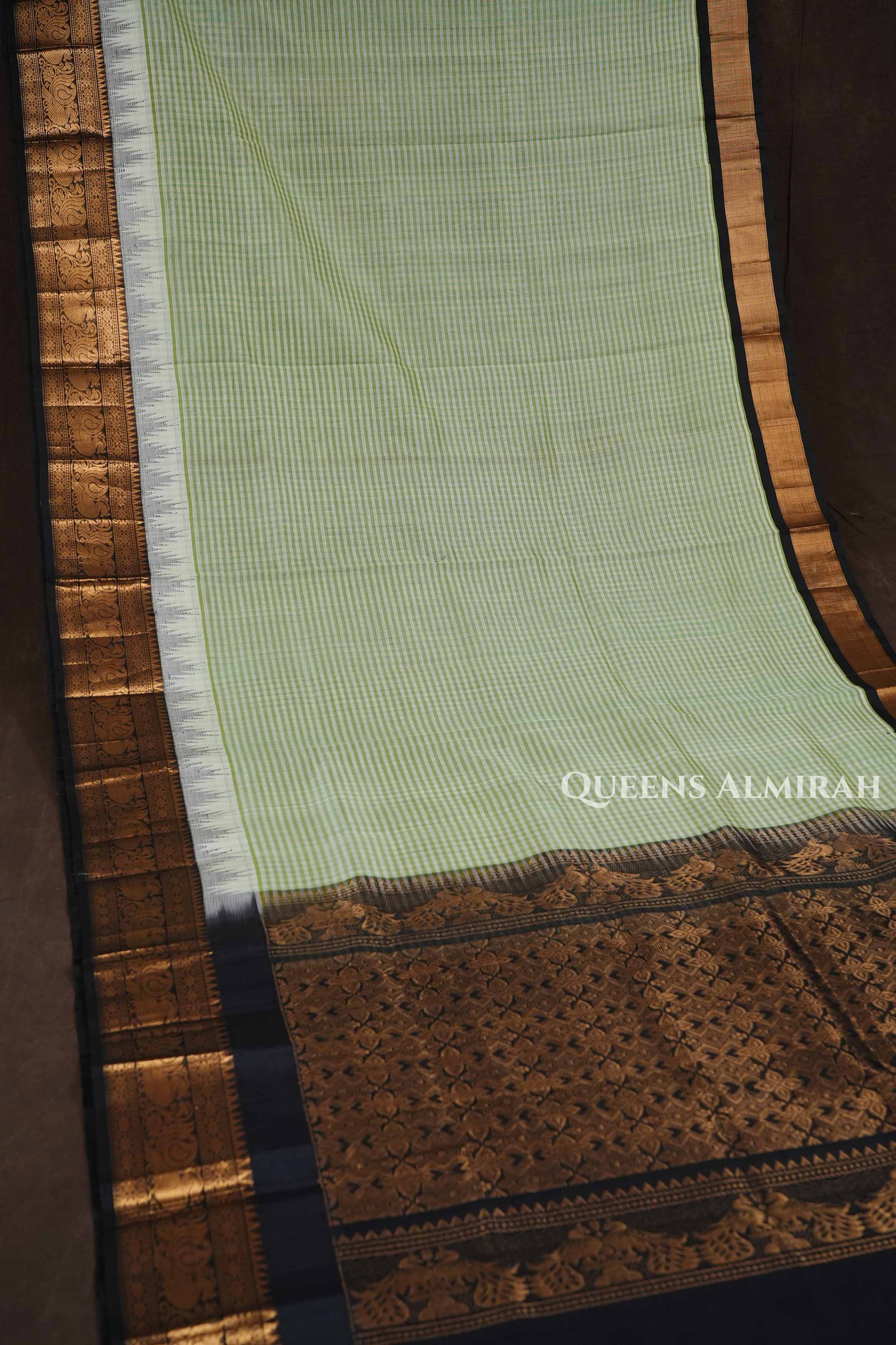 White And Green Checked With Black Pure Silk Cotton Saree