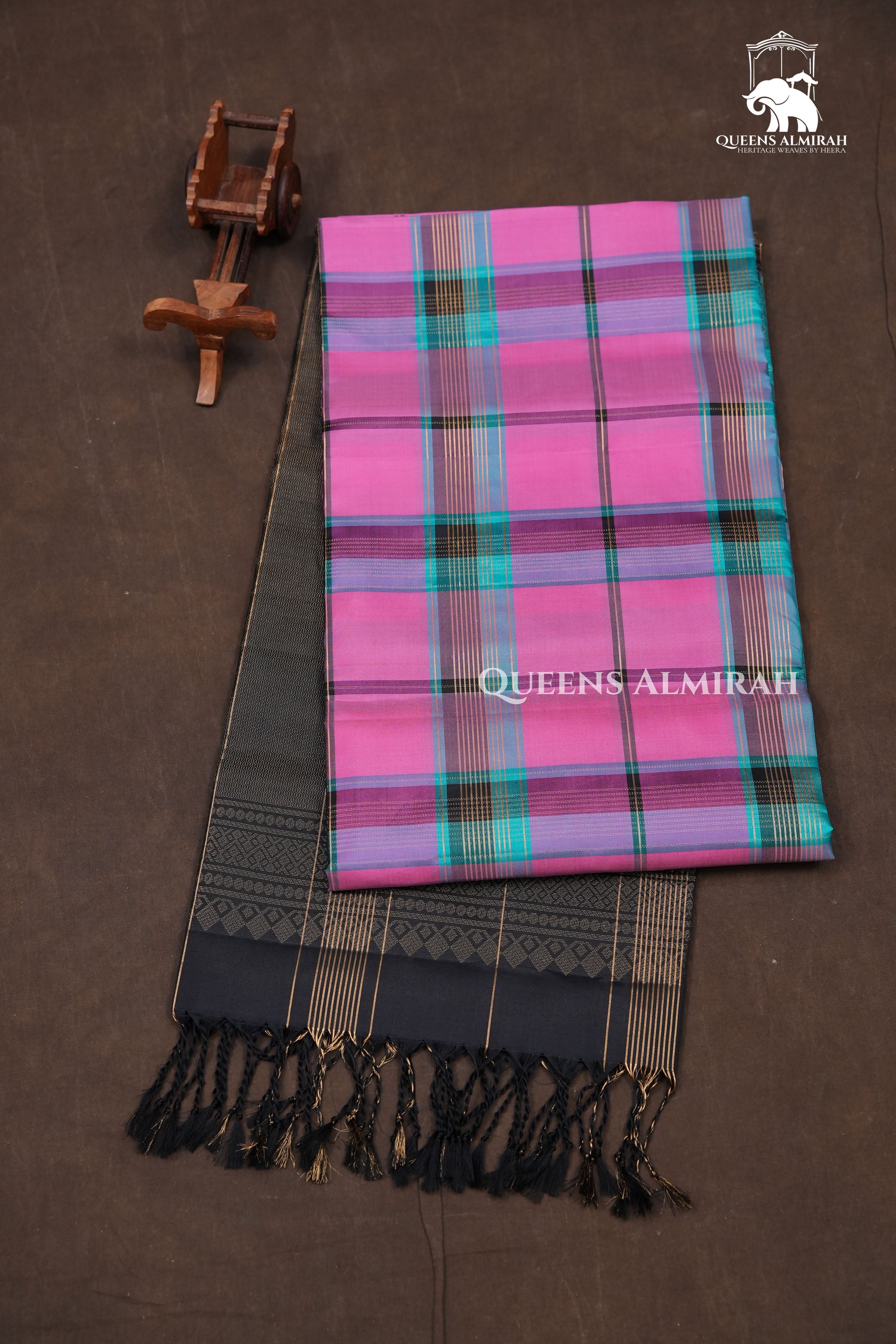 Pink With Turquoise Blue Burberry Checks Pure Soft Silk Saree