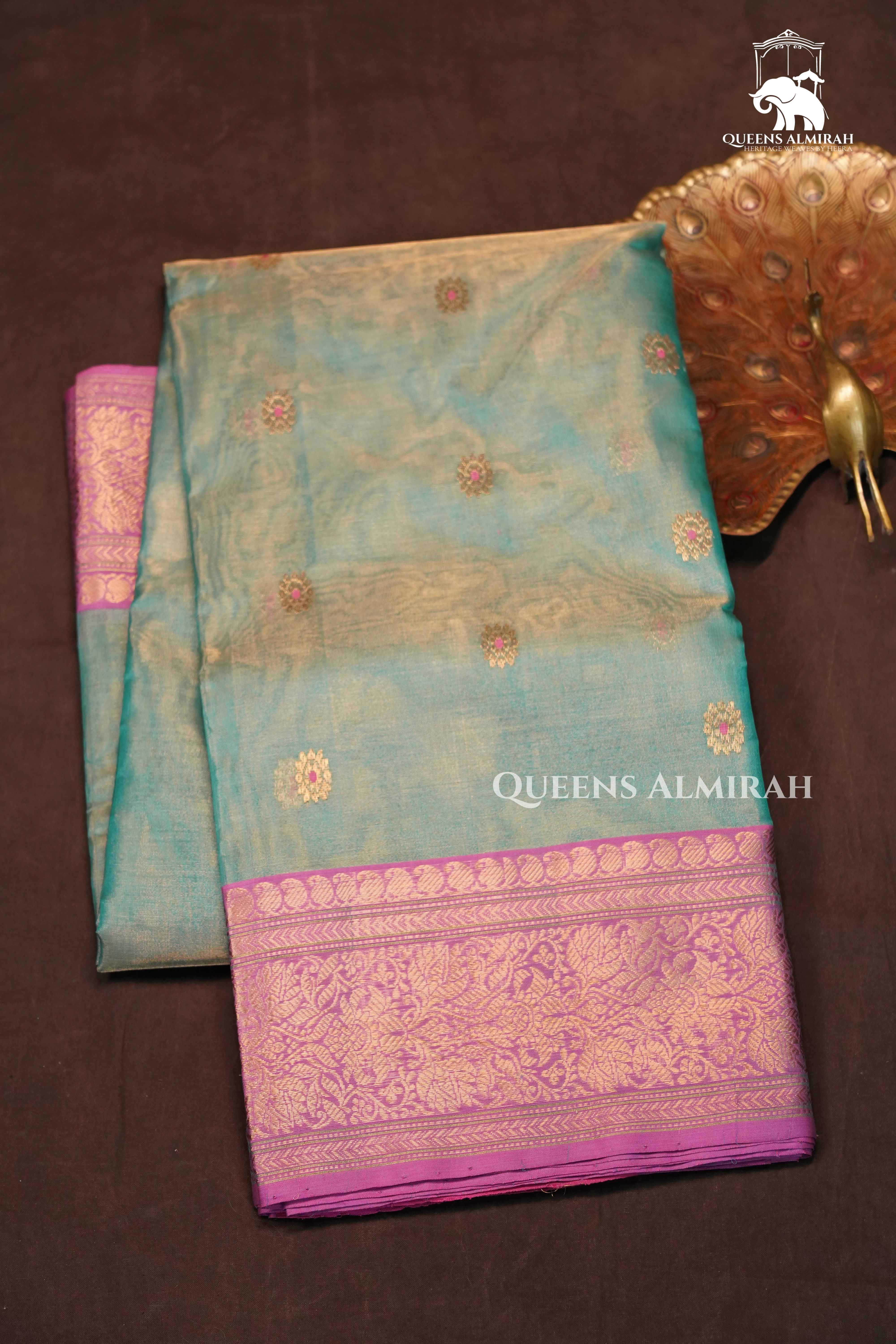 Duale Shade Of Green With Pink Chanderi Katan Silk Handloom Saree