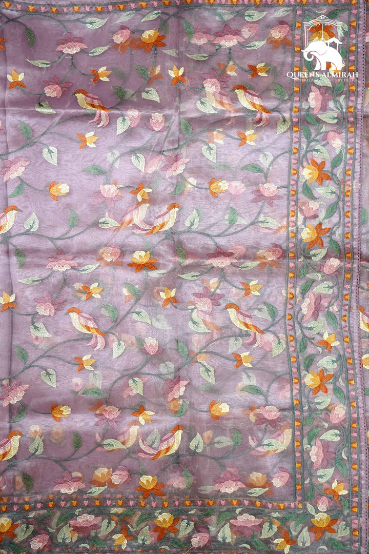 FADED PURPLE WITH WOVEN BORDER ORGANZA SAREE - Queens Jewel Emporium