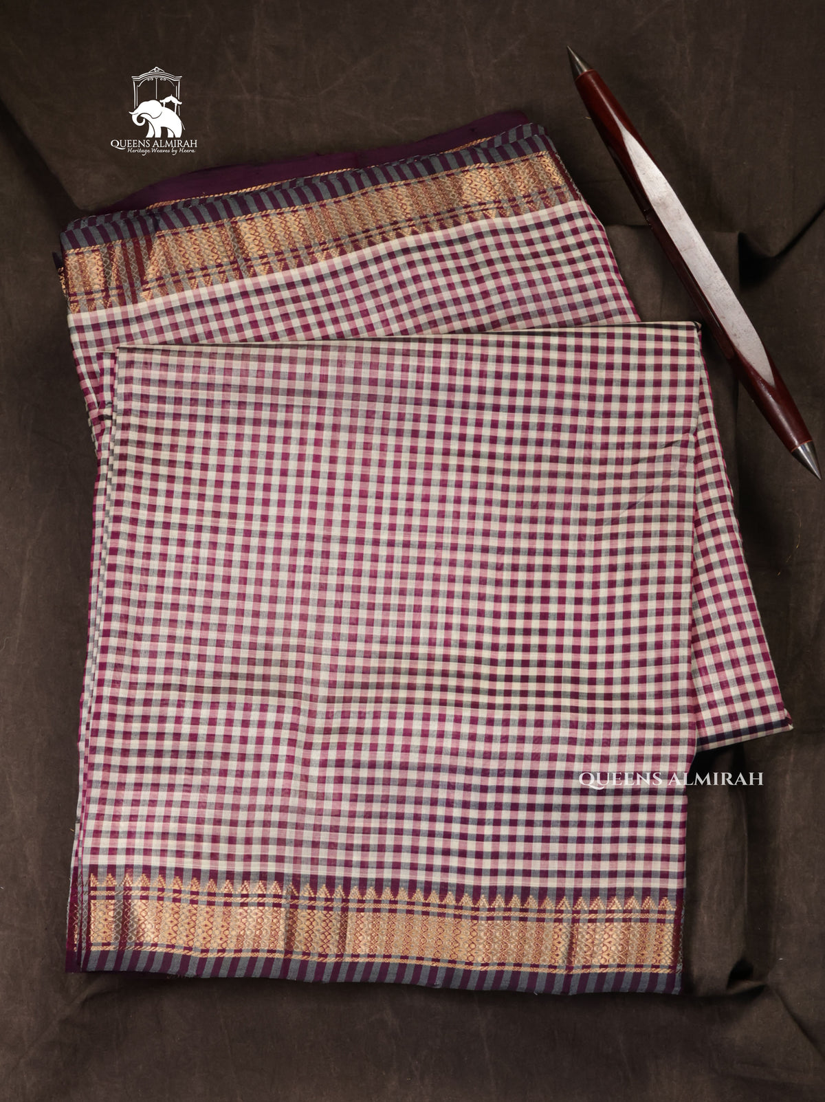 White And Purple Kattam Pure Silk Cotton Saree