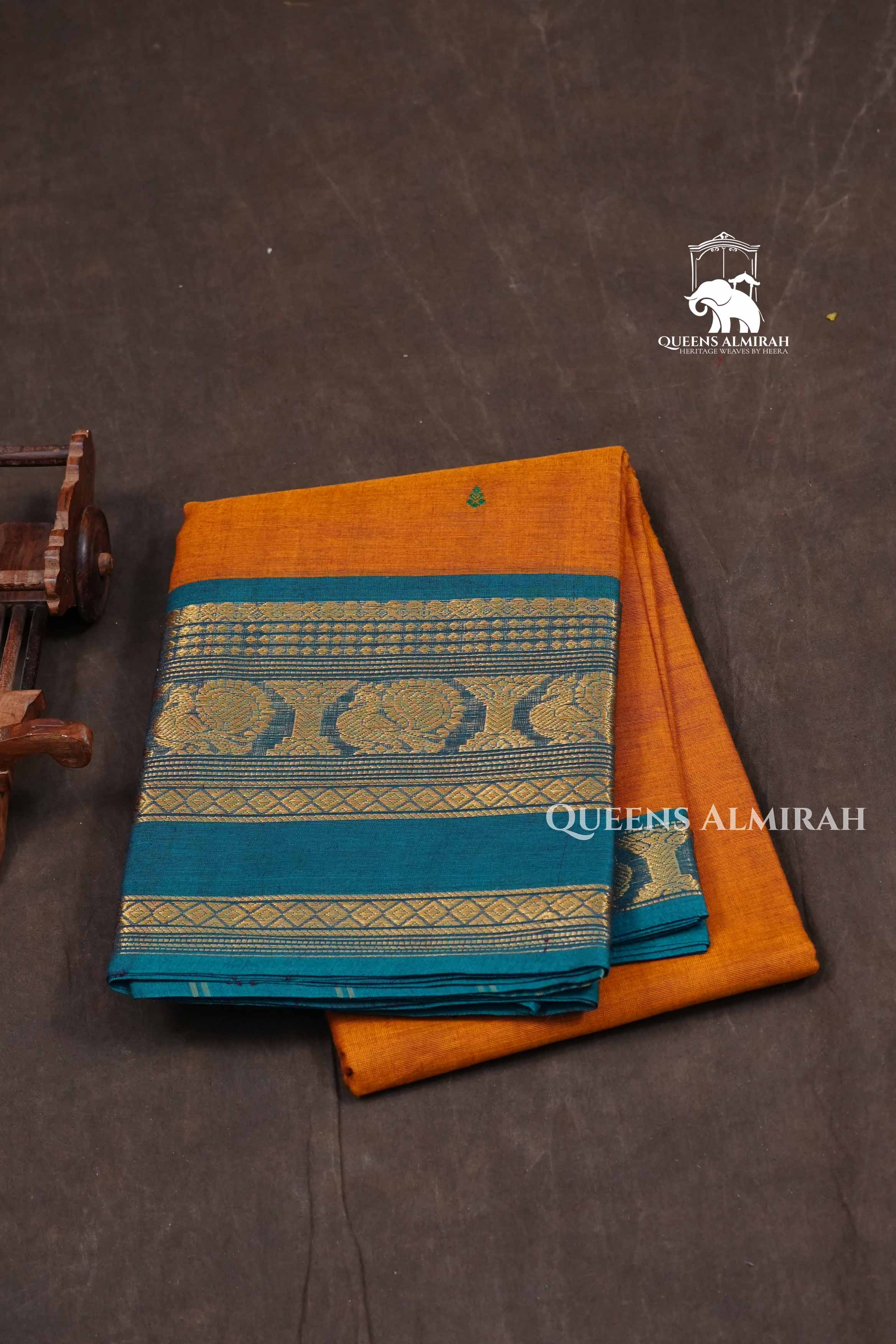 Pumpkin Orange With Ramar Green Kanchi Cotton Saree