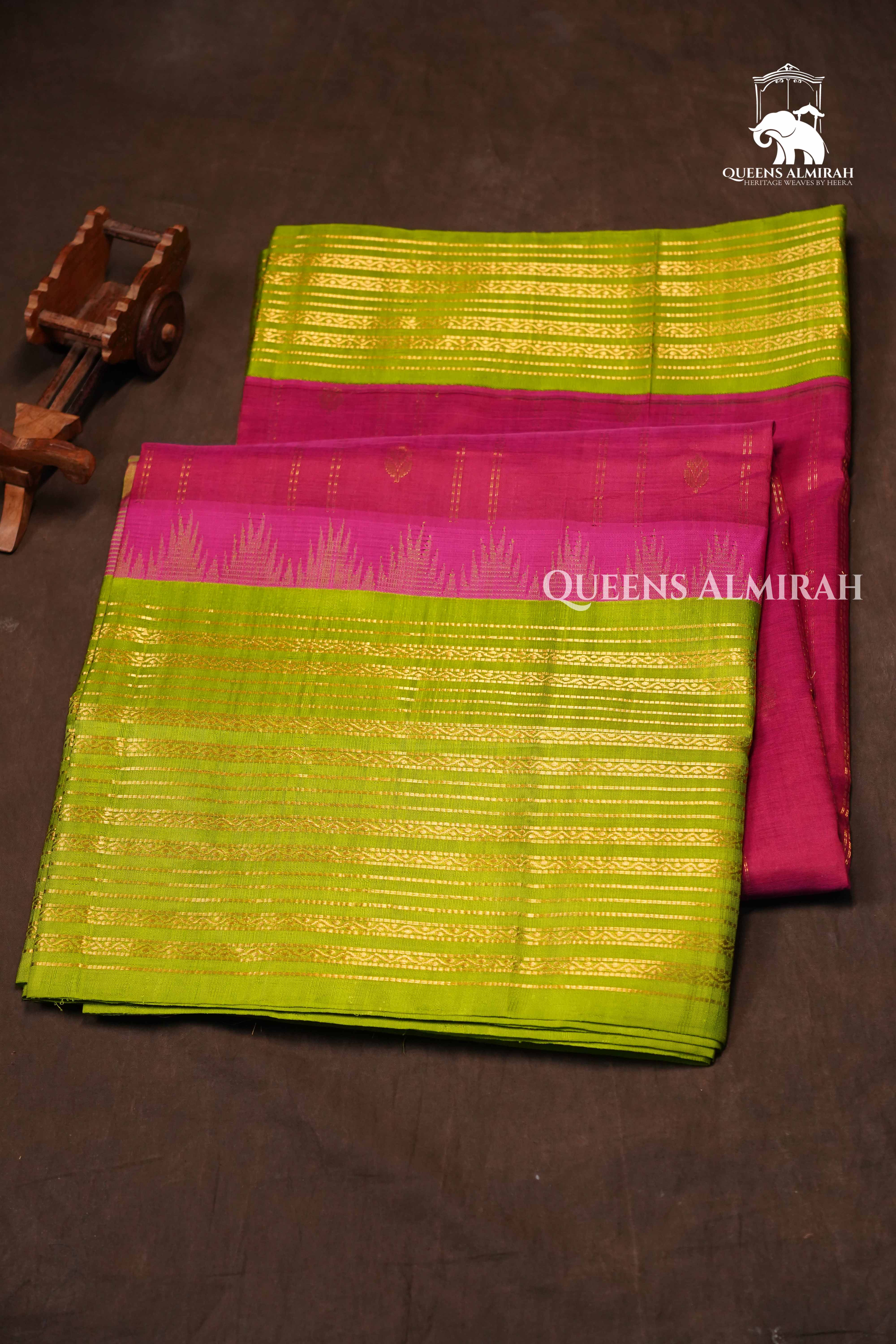 Pink With Green Pure Kanchi Silk Cotton Saree