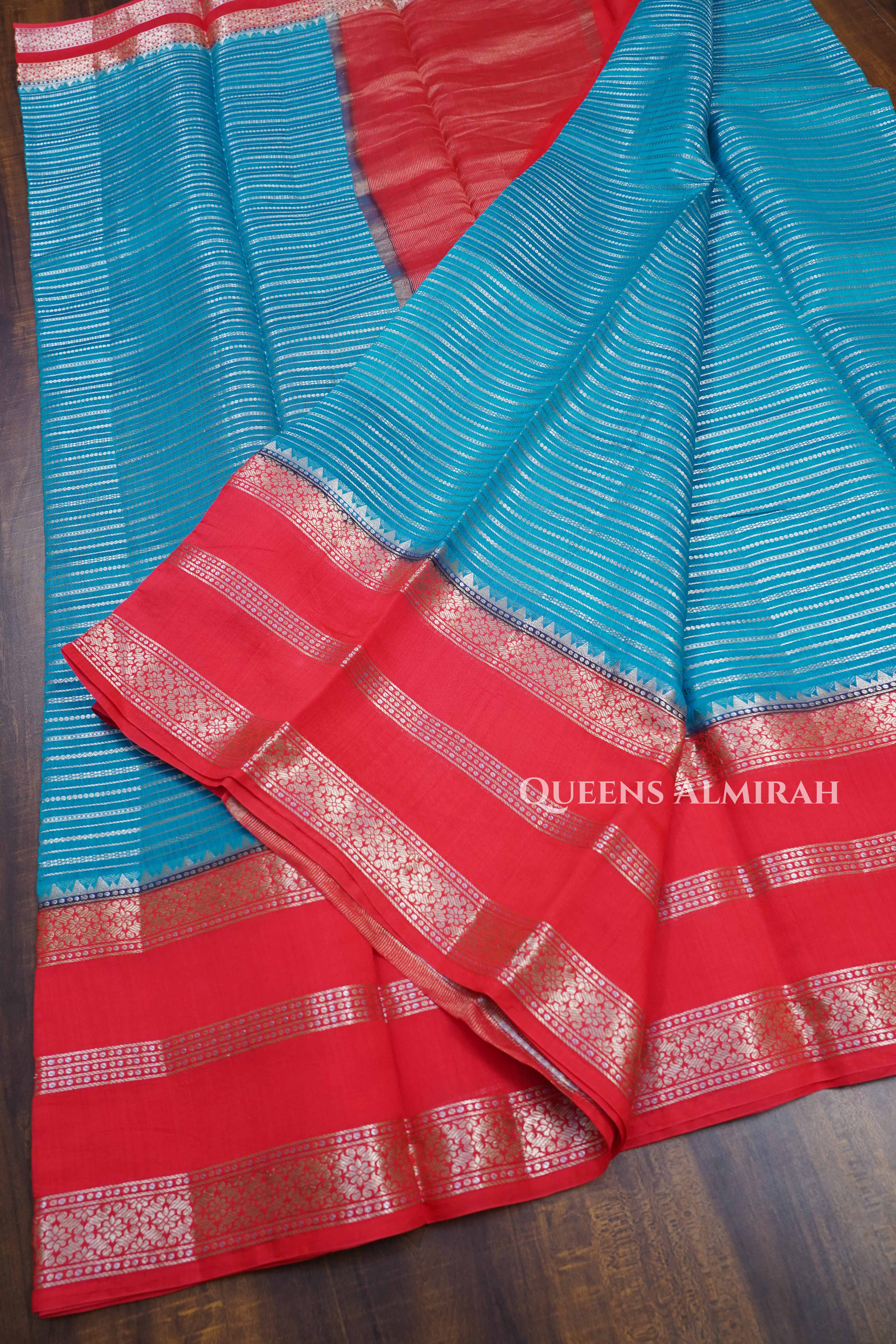 Sky Blue With Orange Chiniya Silk Saree