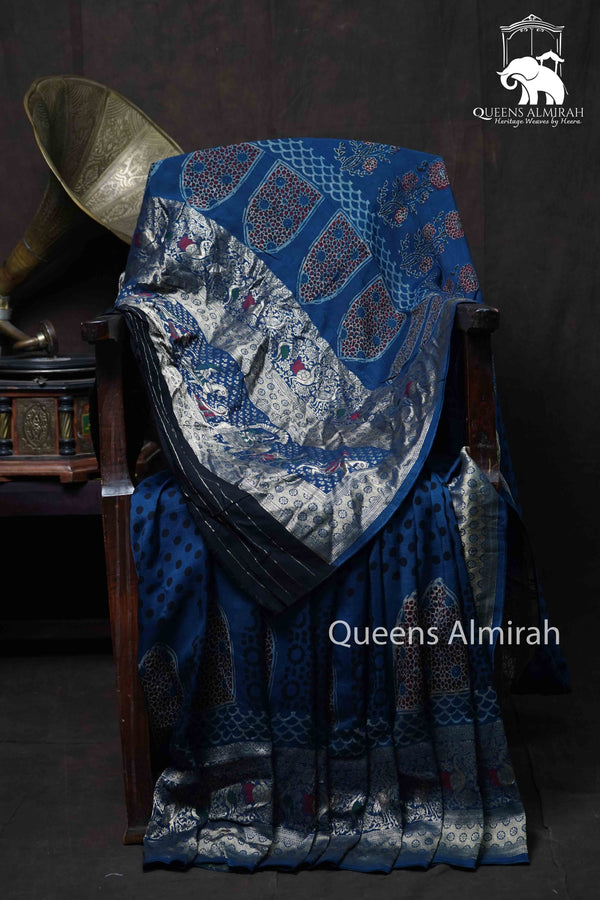 BLUE GREY DOLA AJARAKH SILK SAREE