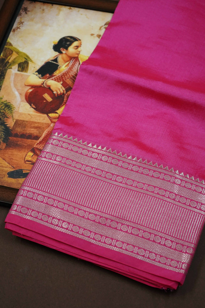 RASPERRY PINK  WITH WOVEN BORDER MANGALGIRI SAREE - Queens Jewel Emporium