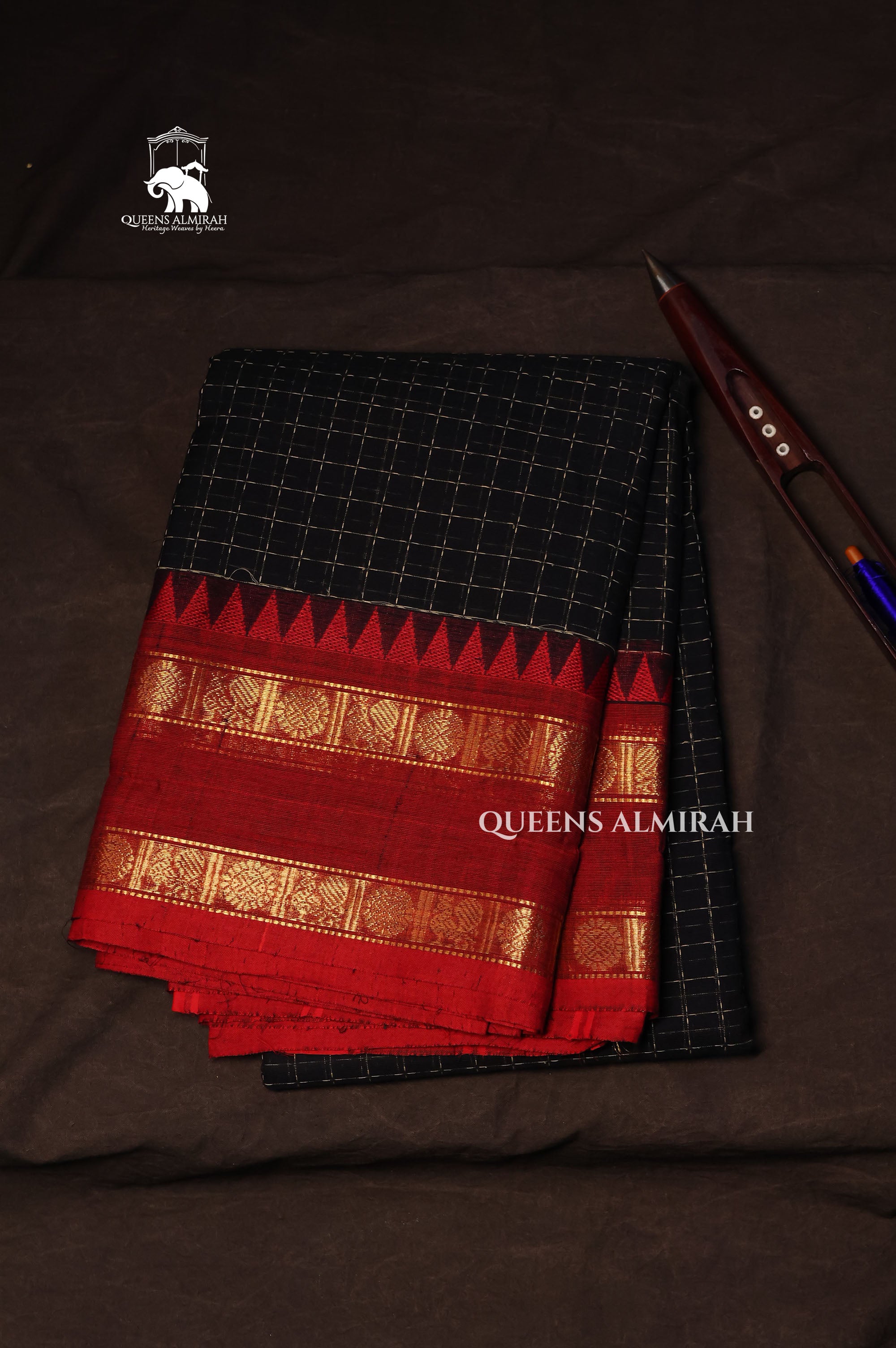 Black Kattam With Red Kanchi Cotton Saree