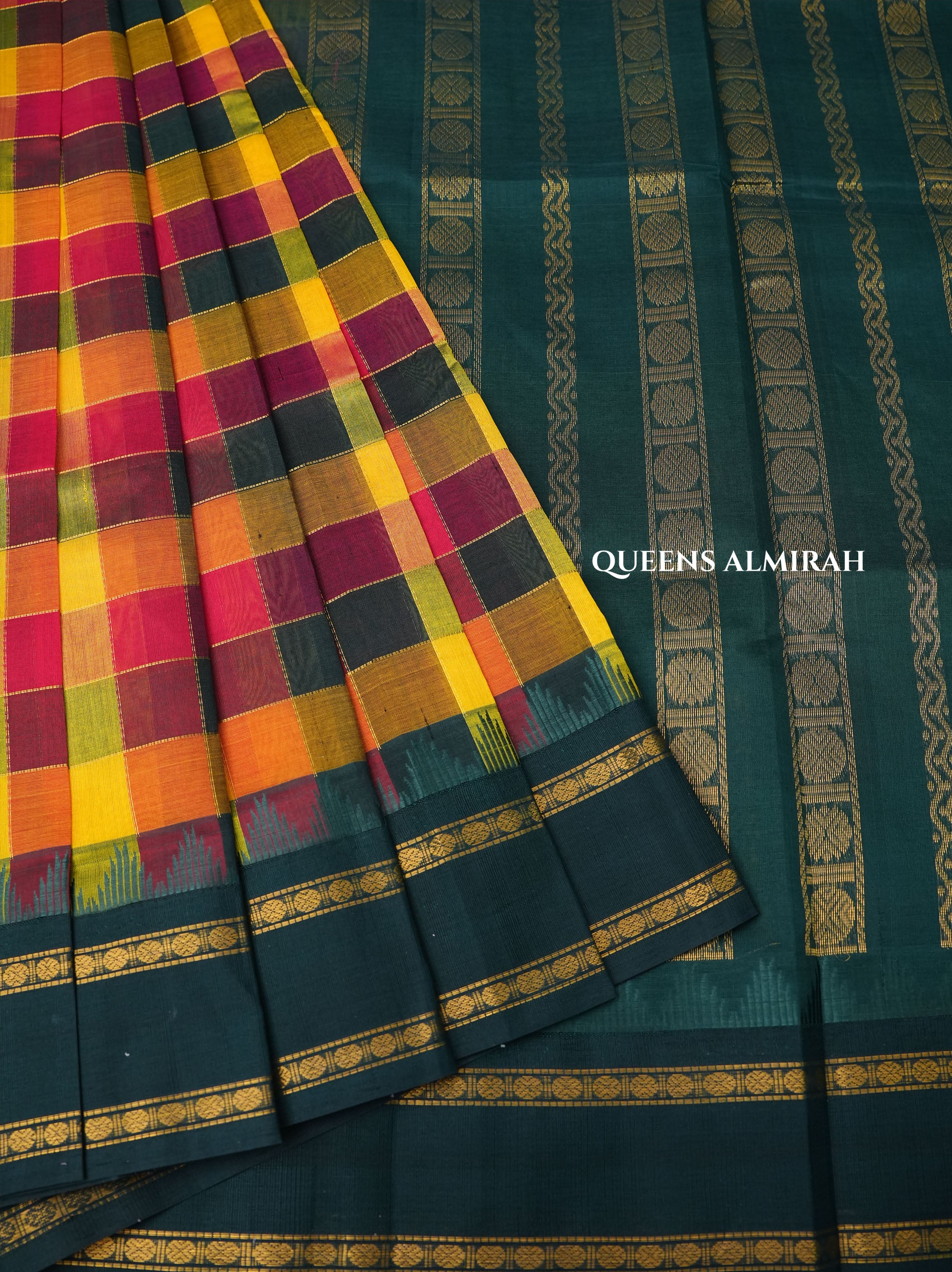 Multi Color Pazhum Pazhamum With Green Border Pure Silk Cotton Saree