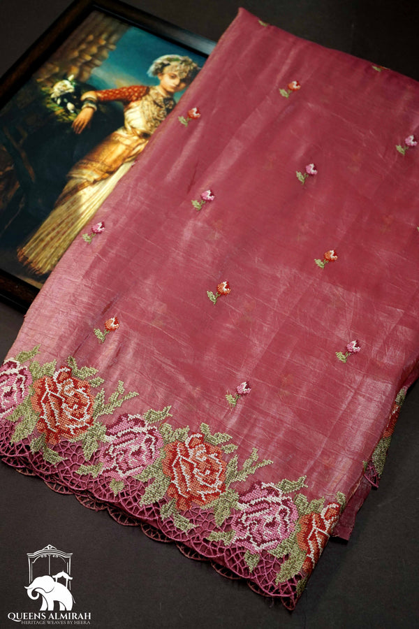 TURKISH ROSE PINK WITH EMBROIDERY BORDER TISSUE SAREE - Queens Jewel Emporium