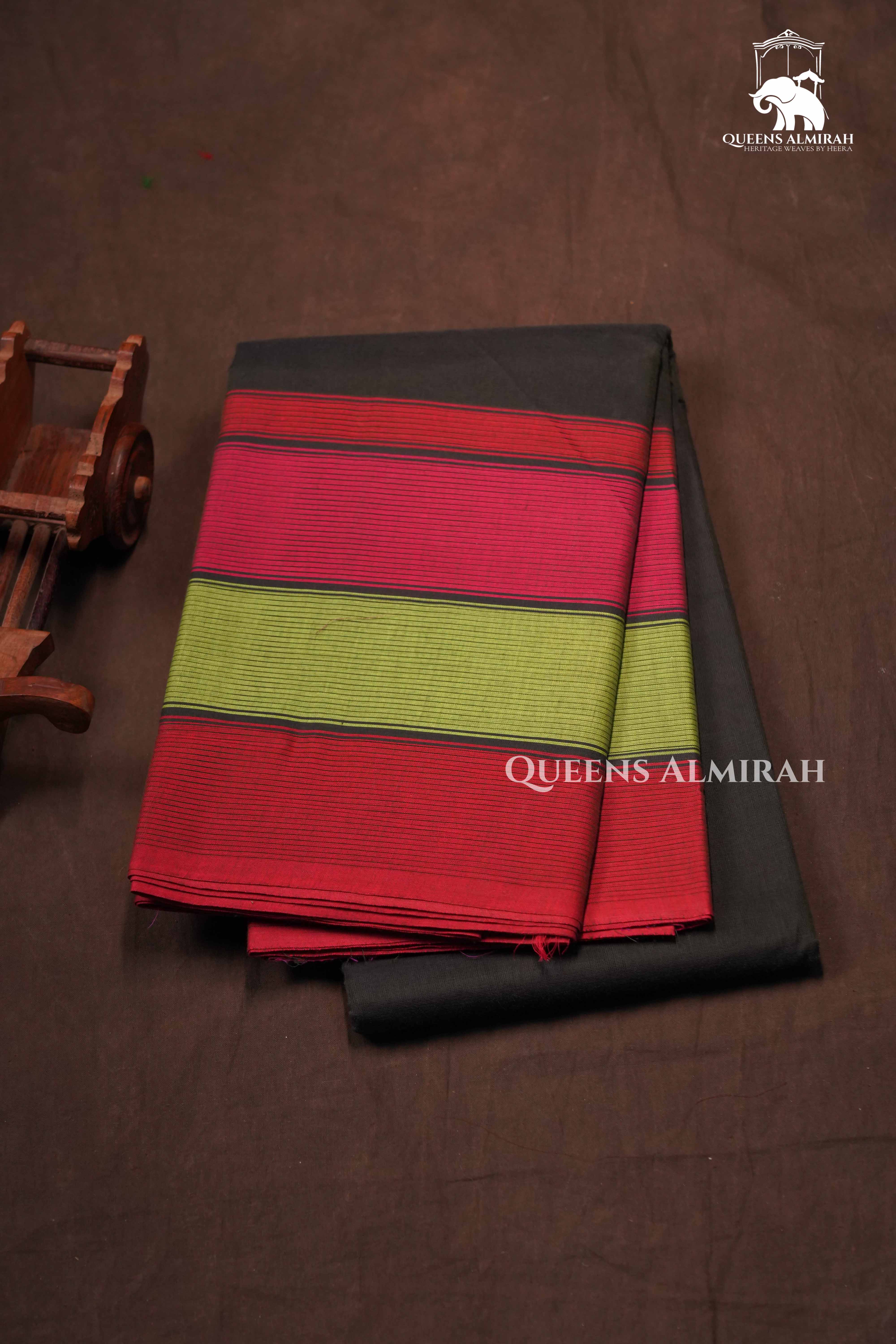 Dark Grey With Multi Color Long Border Chettinad Cotton Saree
