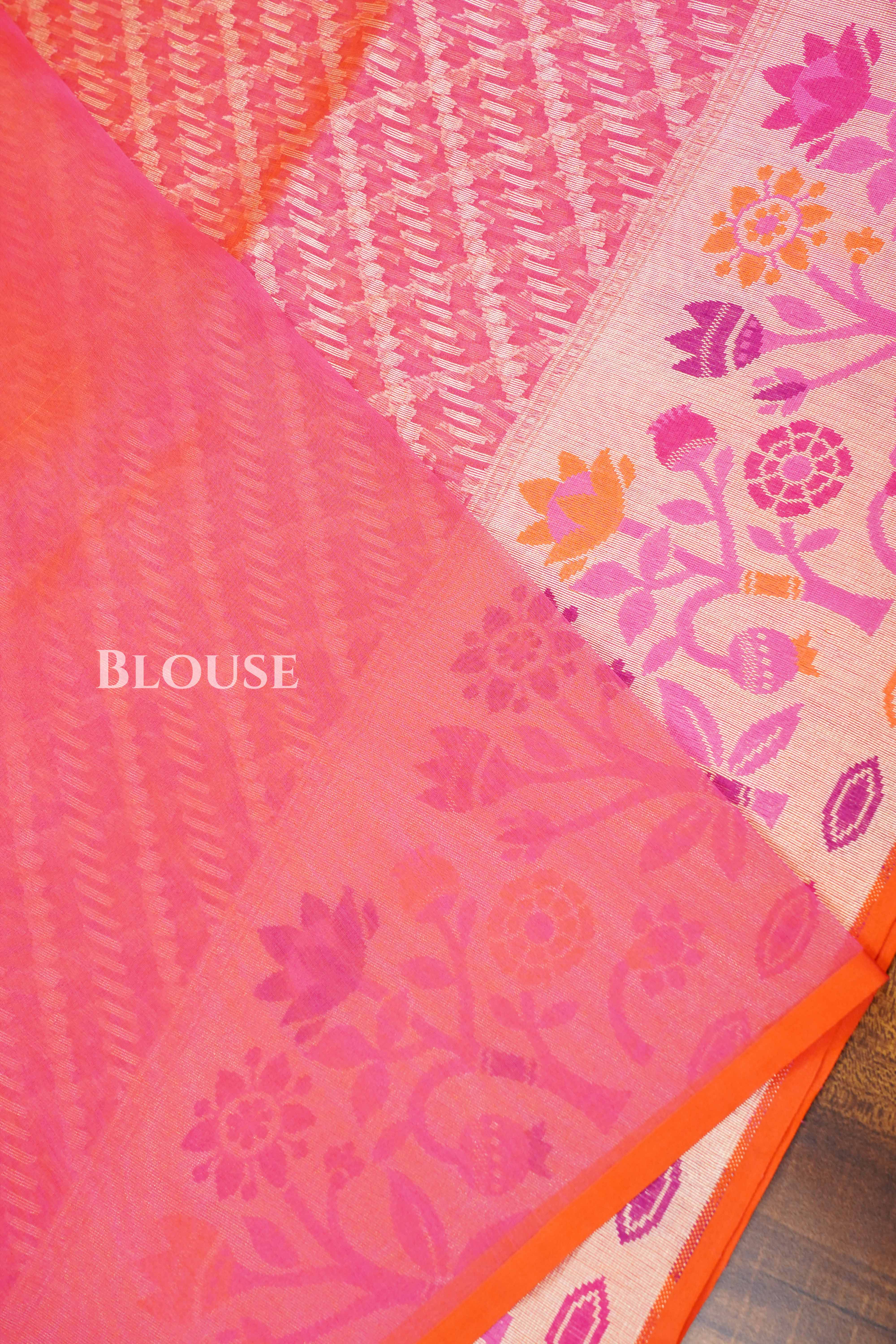 Pinkish Orange Banarasi Organza Silk Saree