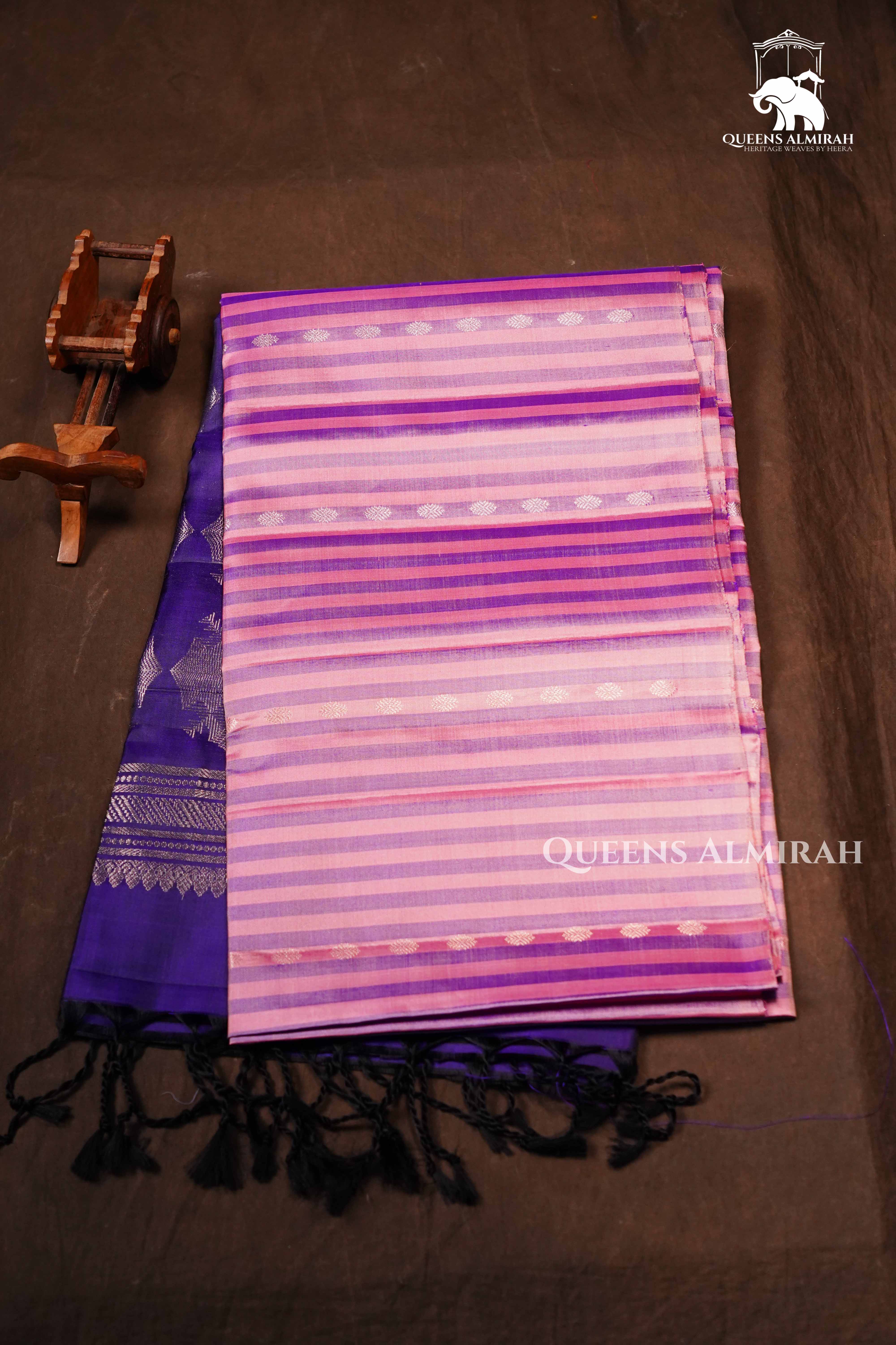 Indigo With Lavender And Pink Stripes Pure Soft Silk Saree