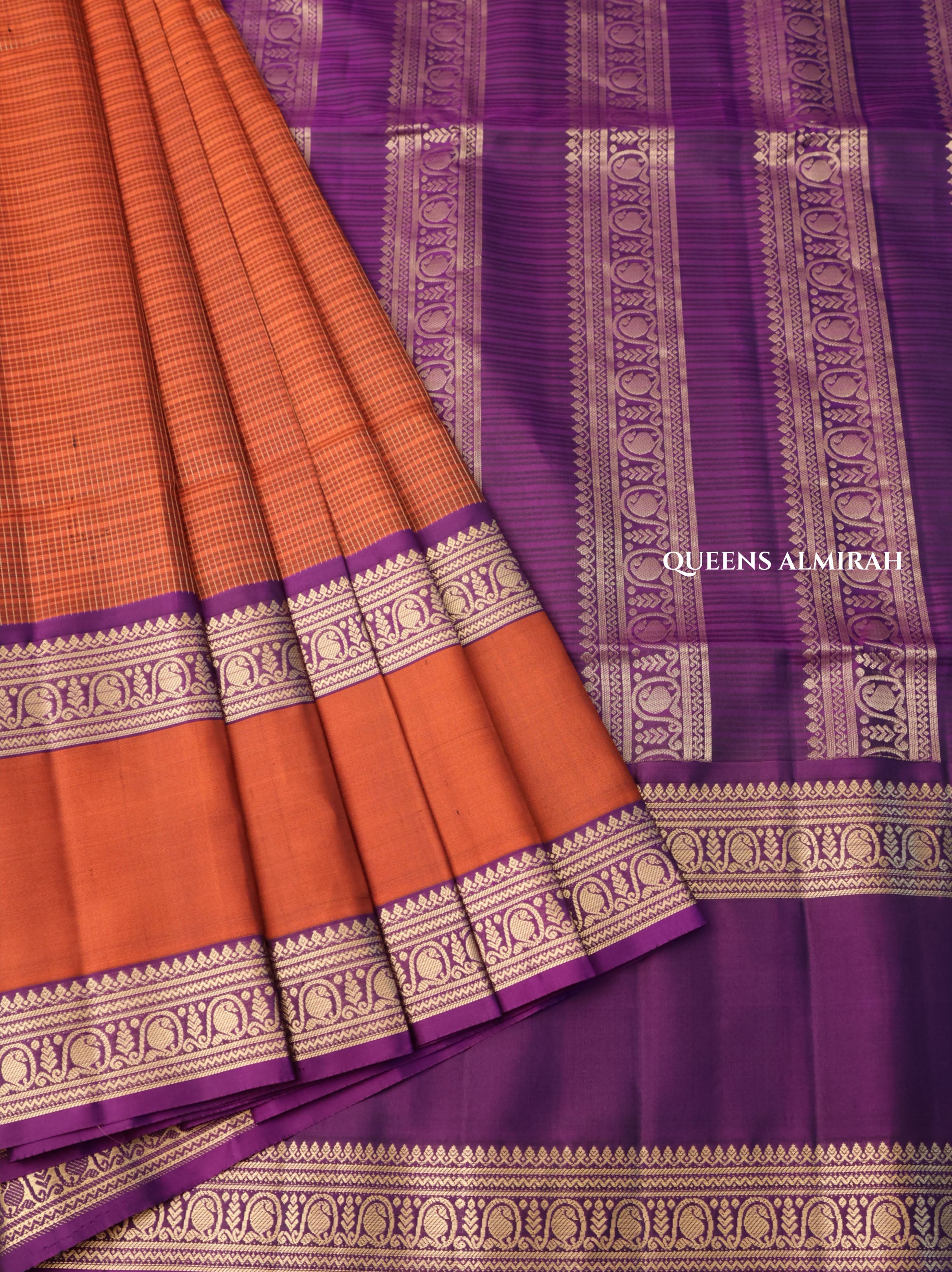 Rust Orange With Purple Pure Soft Silk Saree