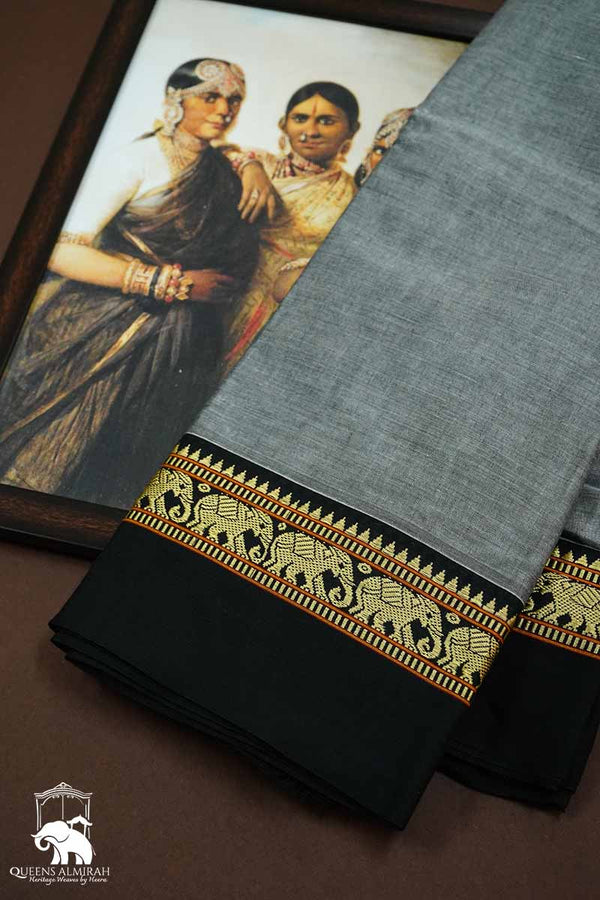 GLACIER GREY WITH BLACK BORDER  NARAYANPET COTTON SAREE - Queens Jewel Emporium