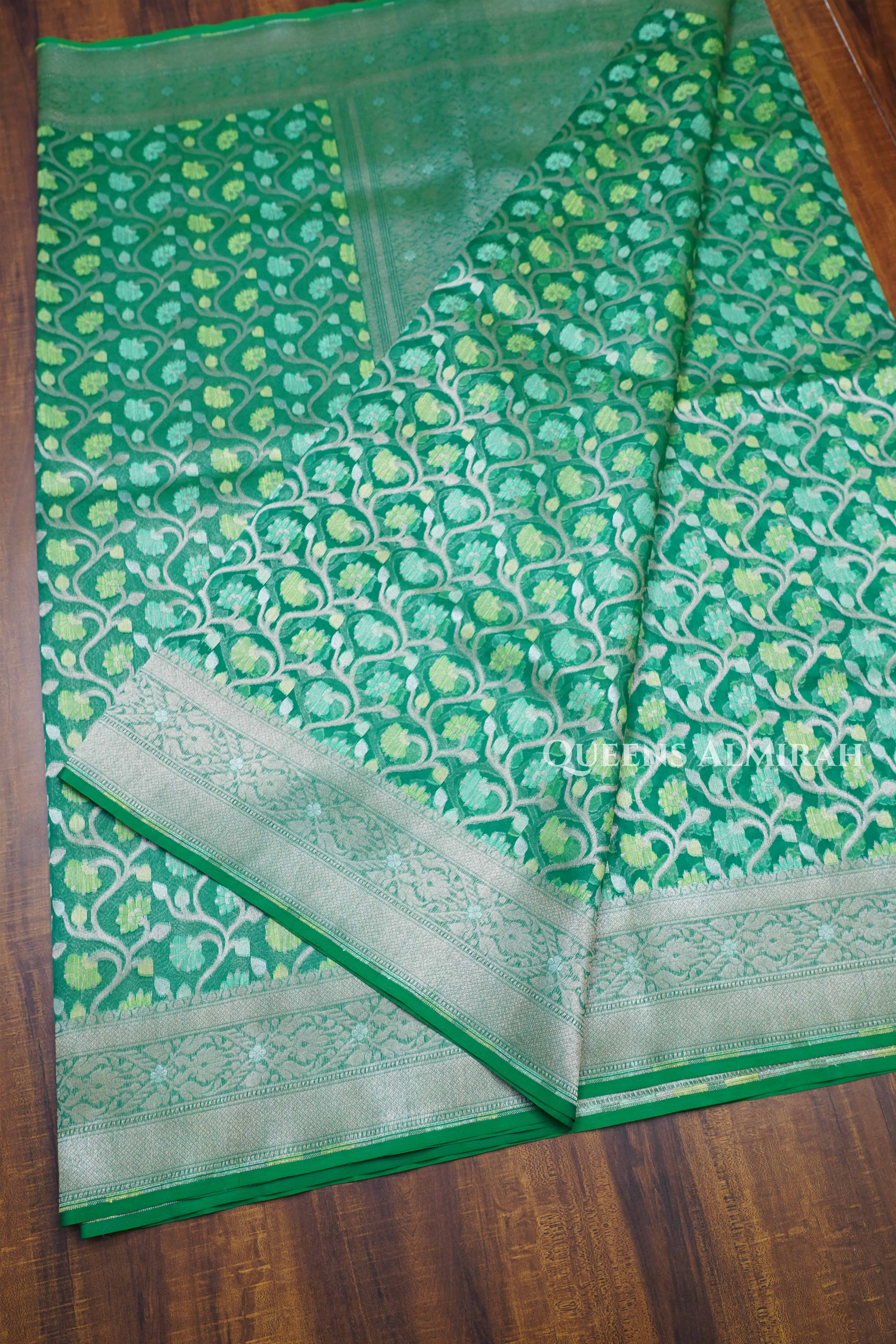 Dark Green Banarasi Organza Silk Saree