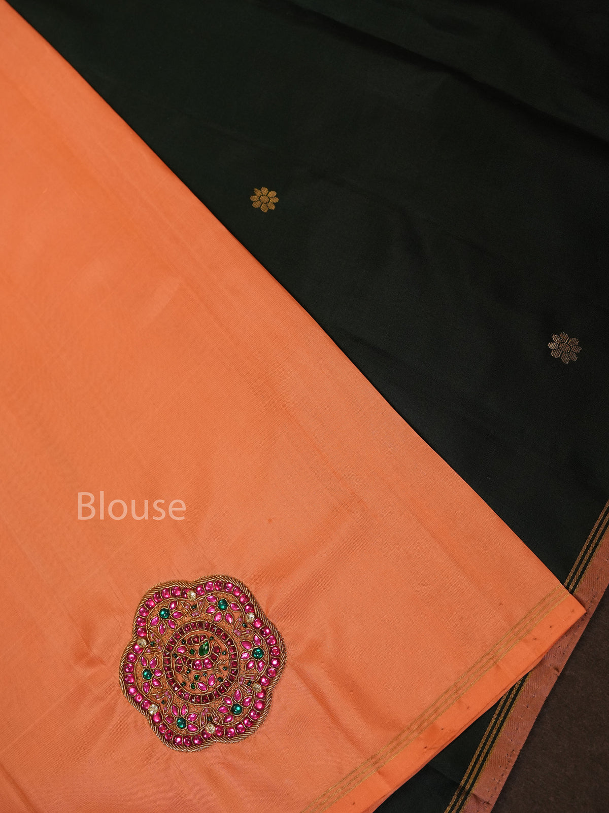 Dark Green With Peach Rakkadai Designer Silk Saree