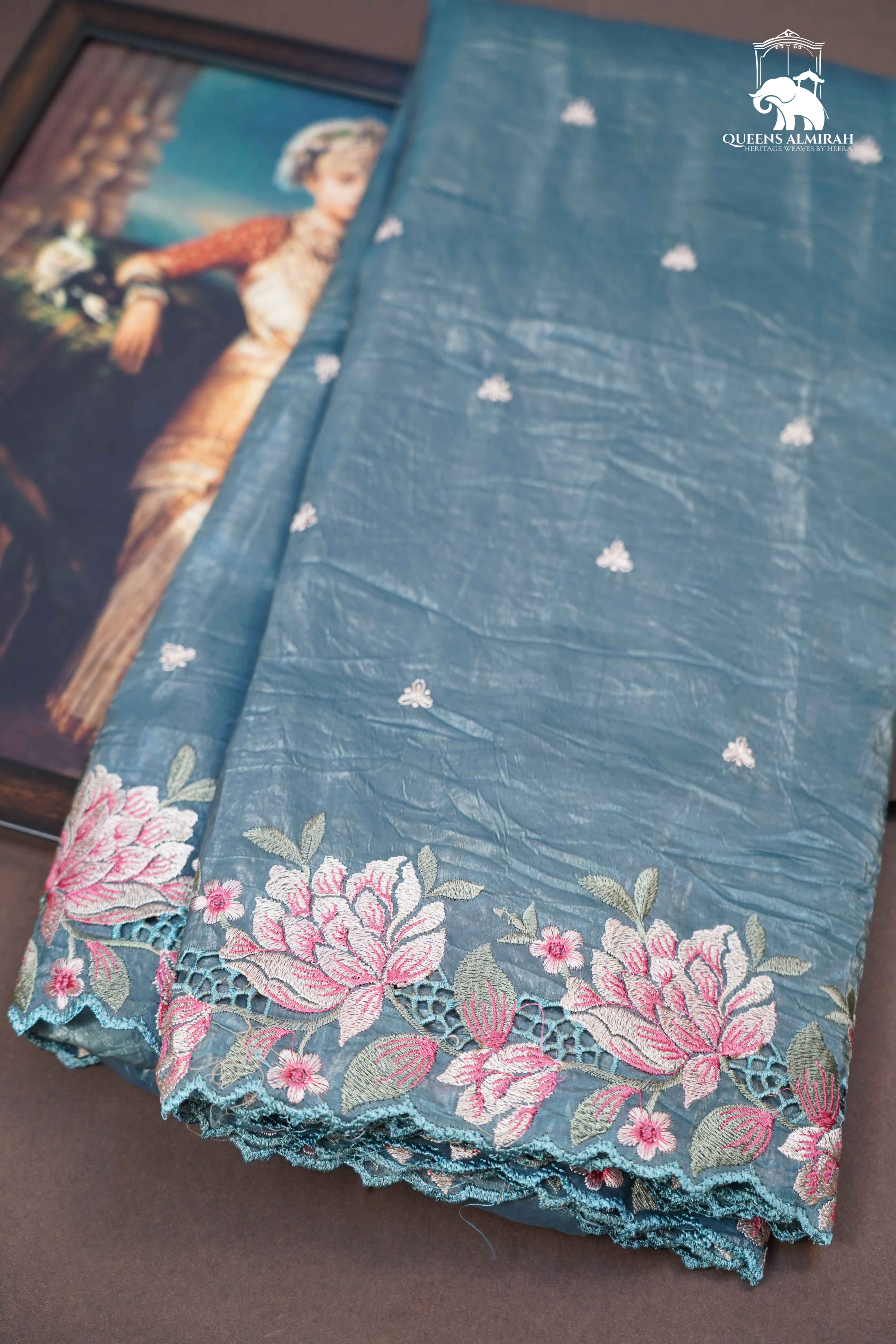 BLUE GREY GLASS TISSUE SAREE - Queens Jewel Emporium