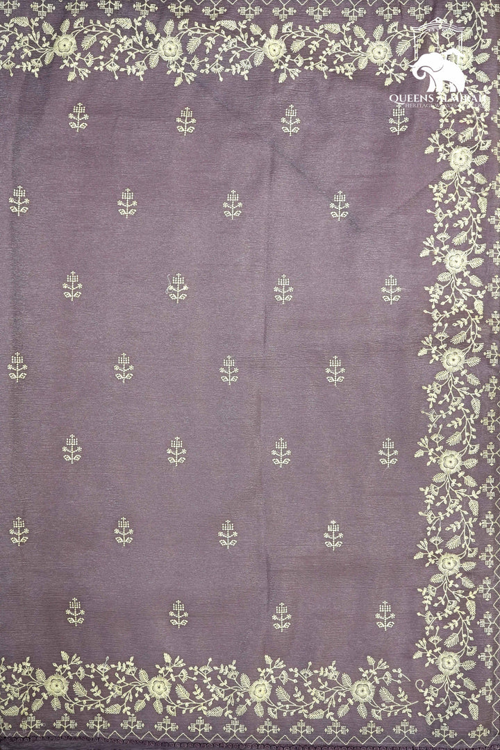THISTLE PURPLE WITH WHITE EMBROIDERY BORDER TISSUE SAREE - Queens Jewel Emporium