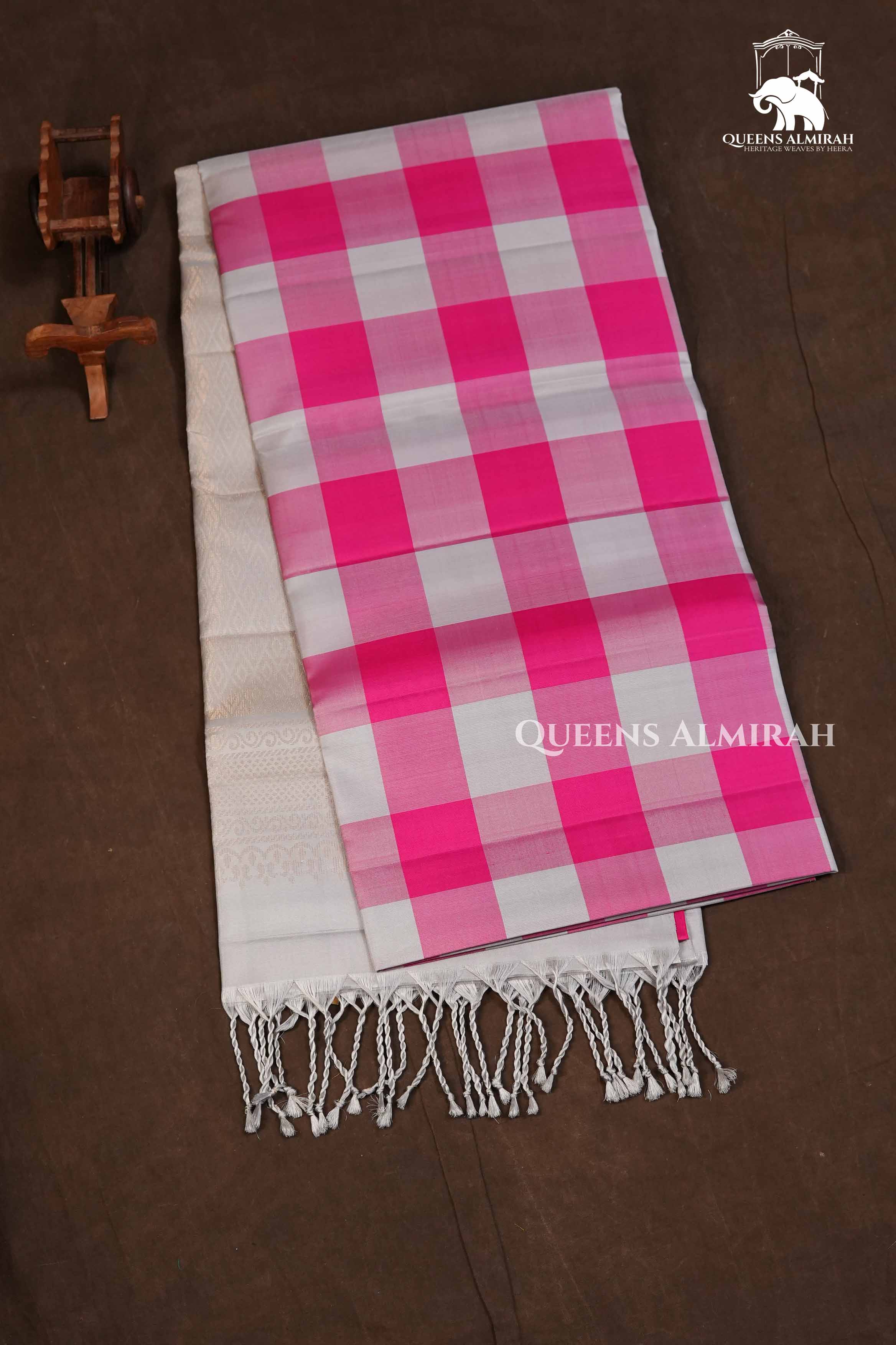 Silver With Pink Yaanai Kattam Pure Soft Silk Saree