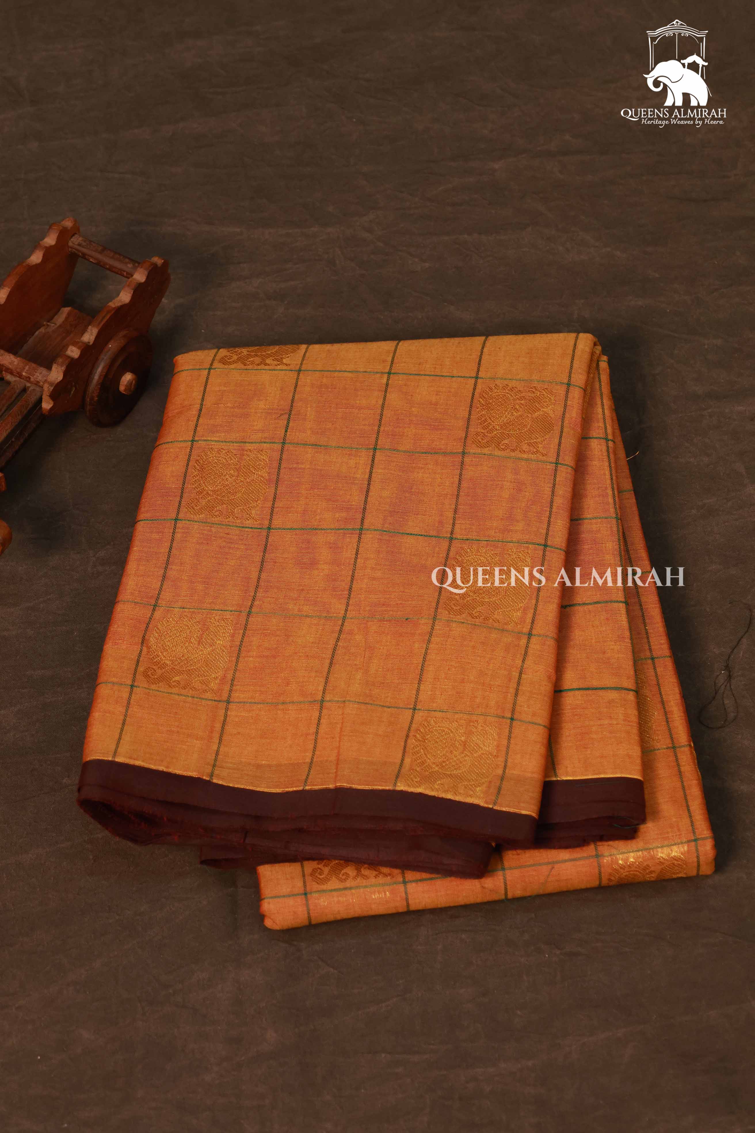Pumpkin Orange Kattam With Peacock Butta Kanchi Cotton Saree