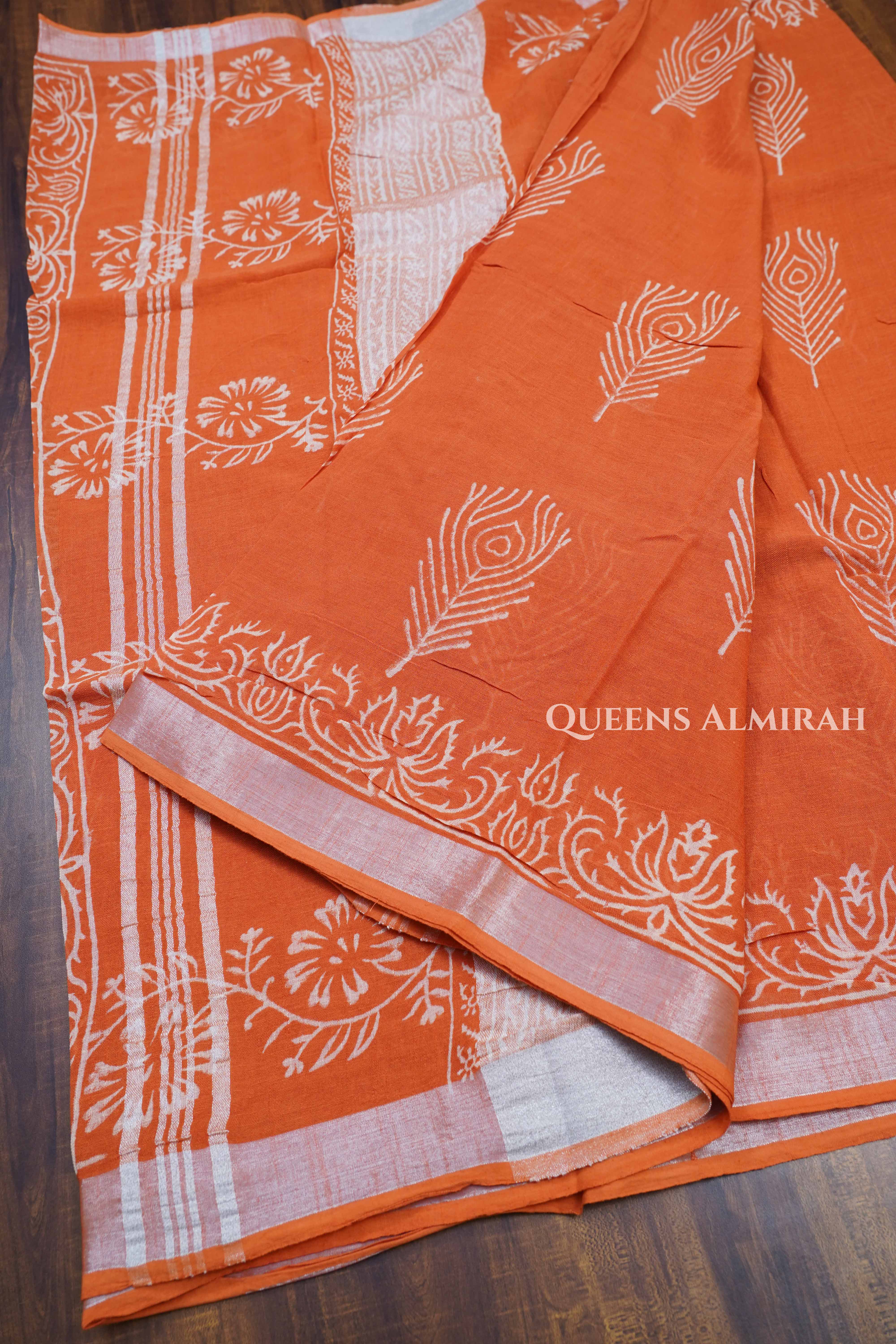 Orange Linen Cotton Saree