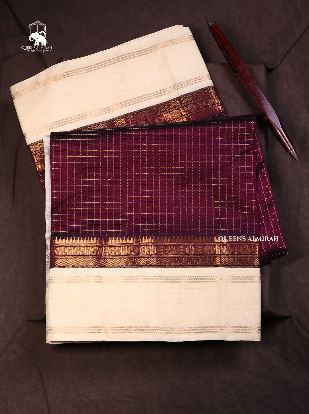 Cocoa Bean Brown With Off White Pure Silk Cotton Saree