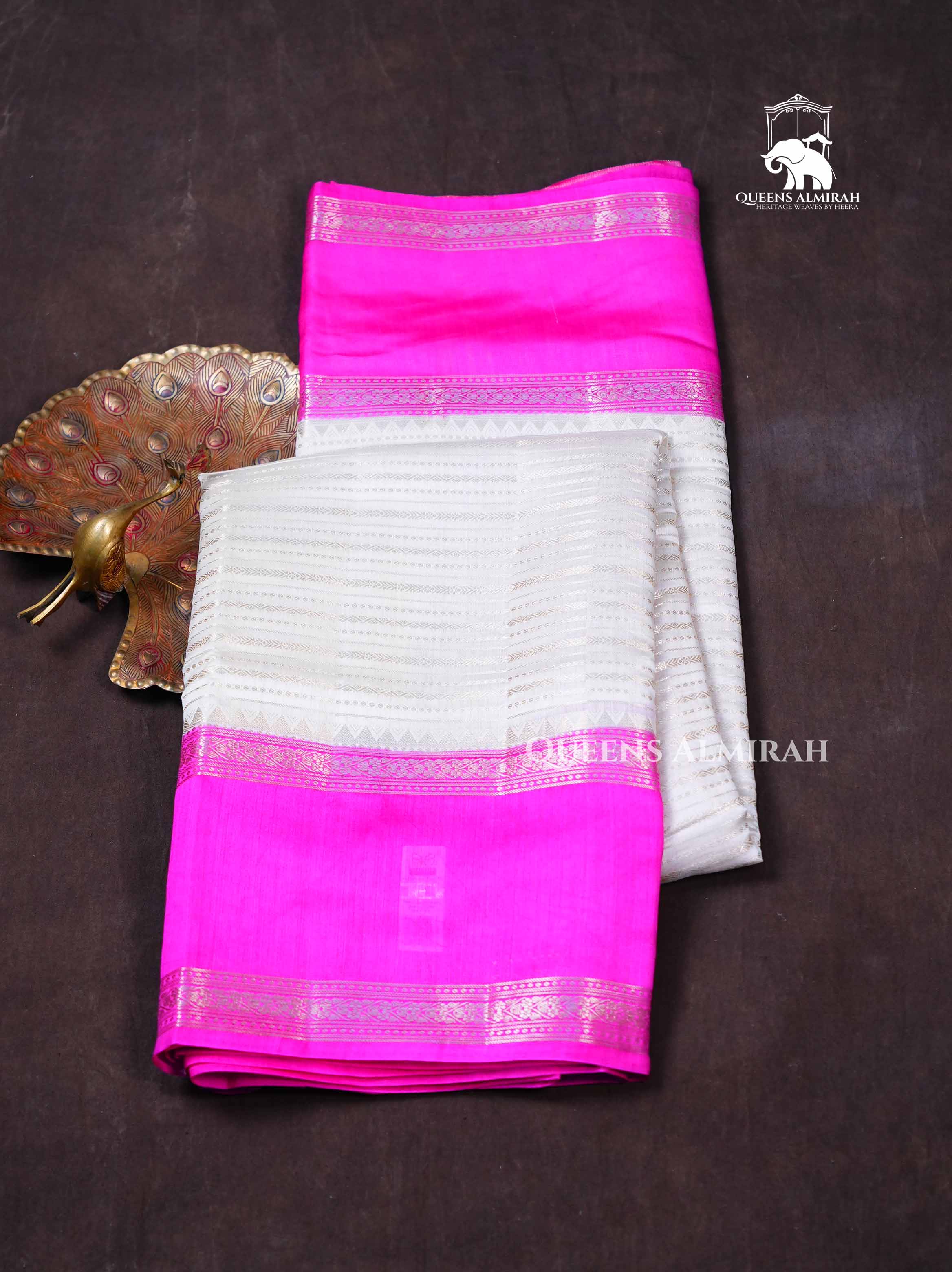 Off White With Pink Chiniya Silk Saree