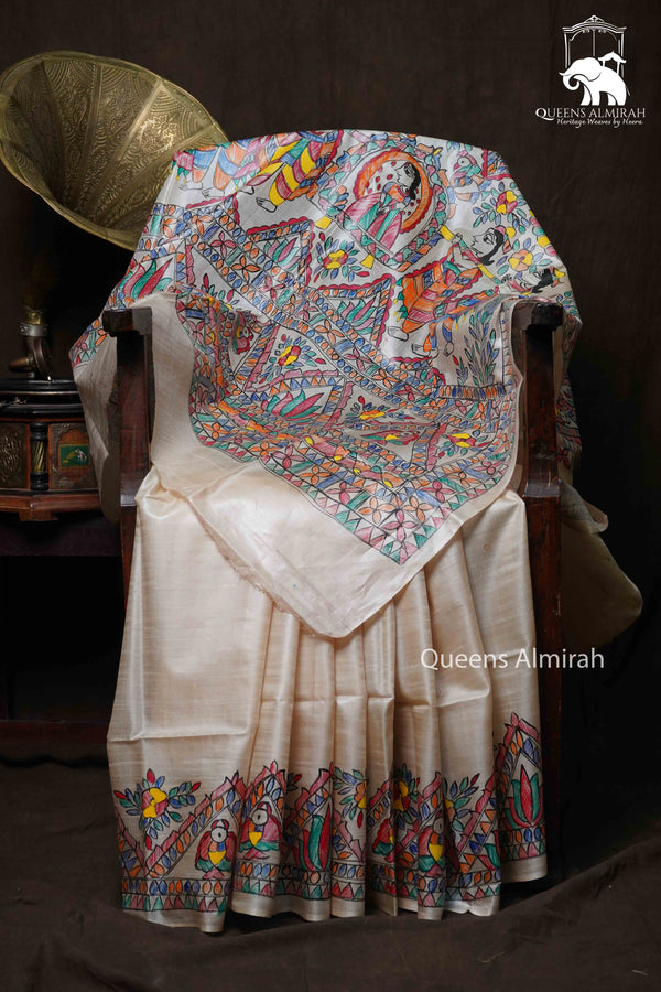 OFF WHITE MADHUBANI HAND PAINTED PURE TUSSAR SILK SAREE 7 - Queens Jewel Emporium