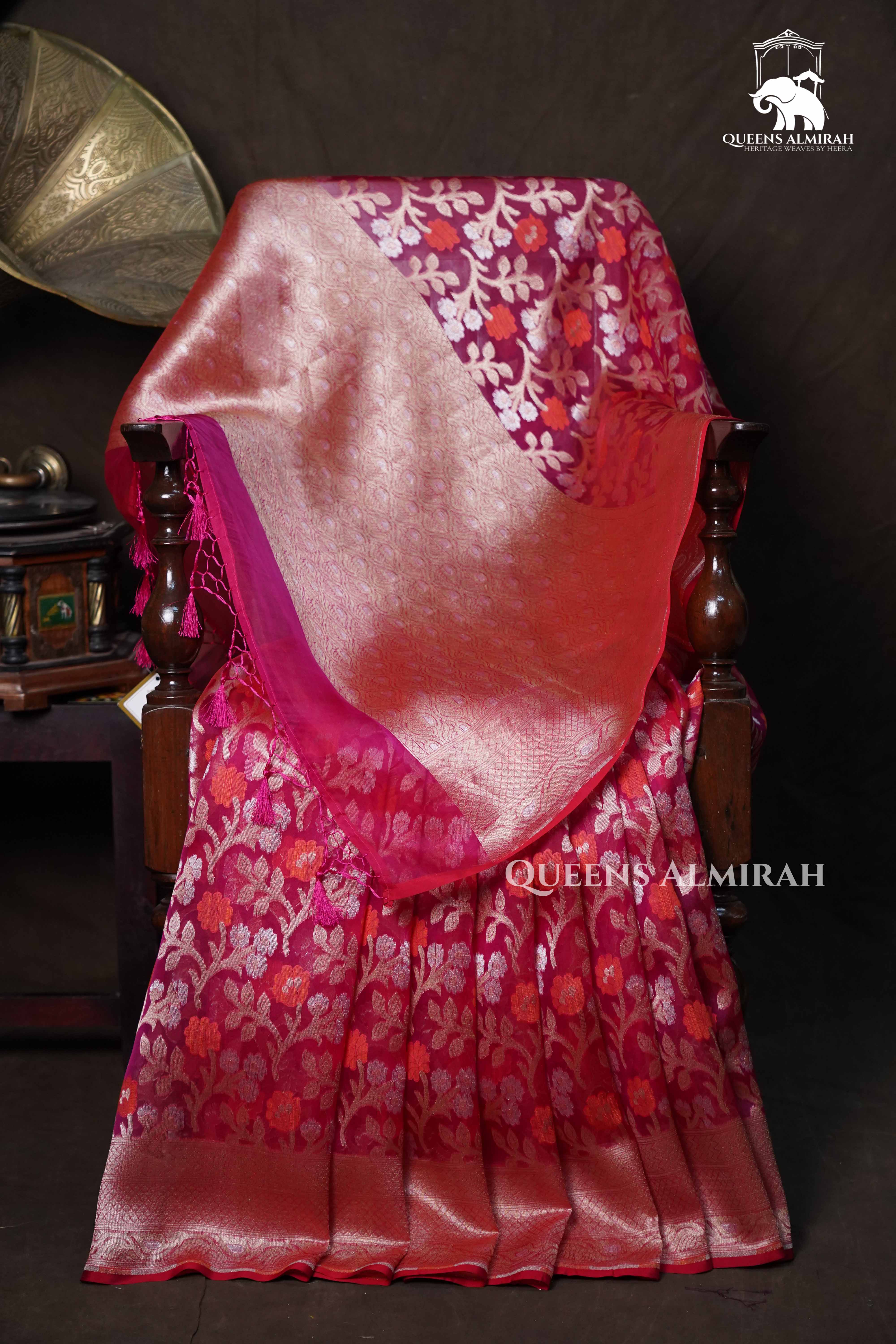 Tomato Pink Banarasi Organza Silk Saree