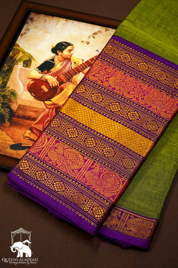 PICKLE GREEN LONG MULTI COLOUR ZARI BORDER NARAYANPET COTTON SAREE - Queens Jewel Emporium