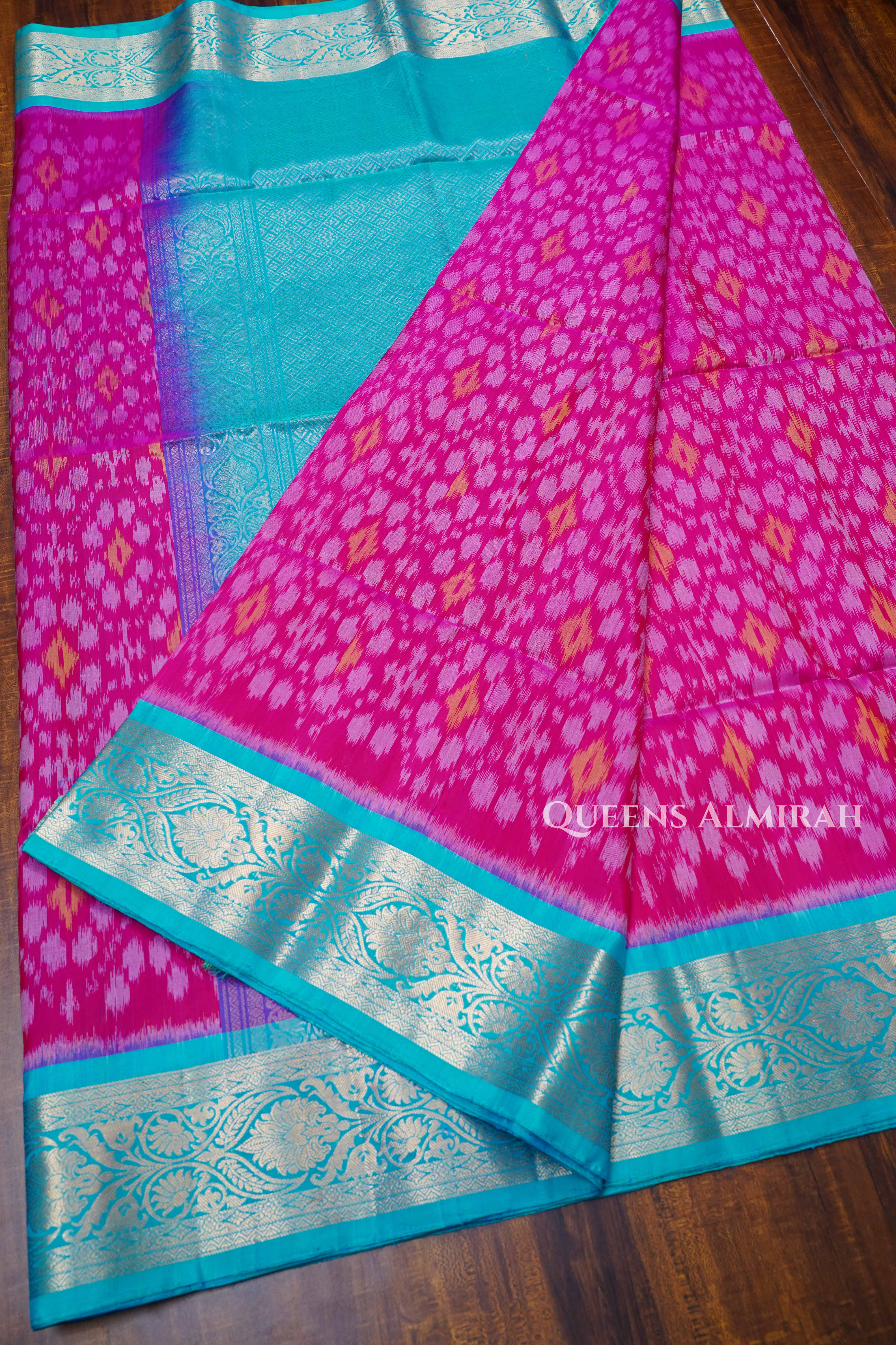 Rani Pink With Blue Pure Soft Silk Saree