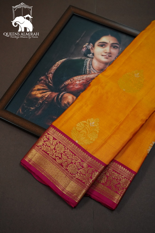 YELLOWISH ORANGE WITH ROSE BUD CHERRY PURE KANCHIVARAM SILK SAREE - Queens Jewel Emporium