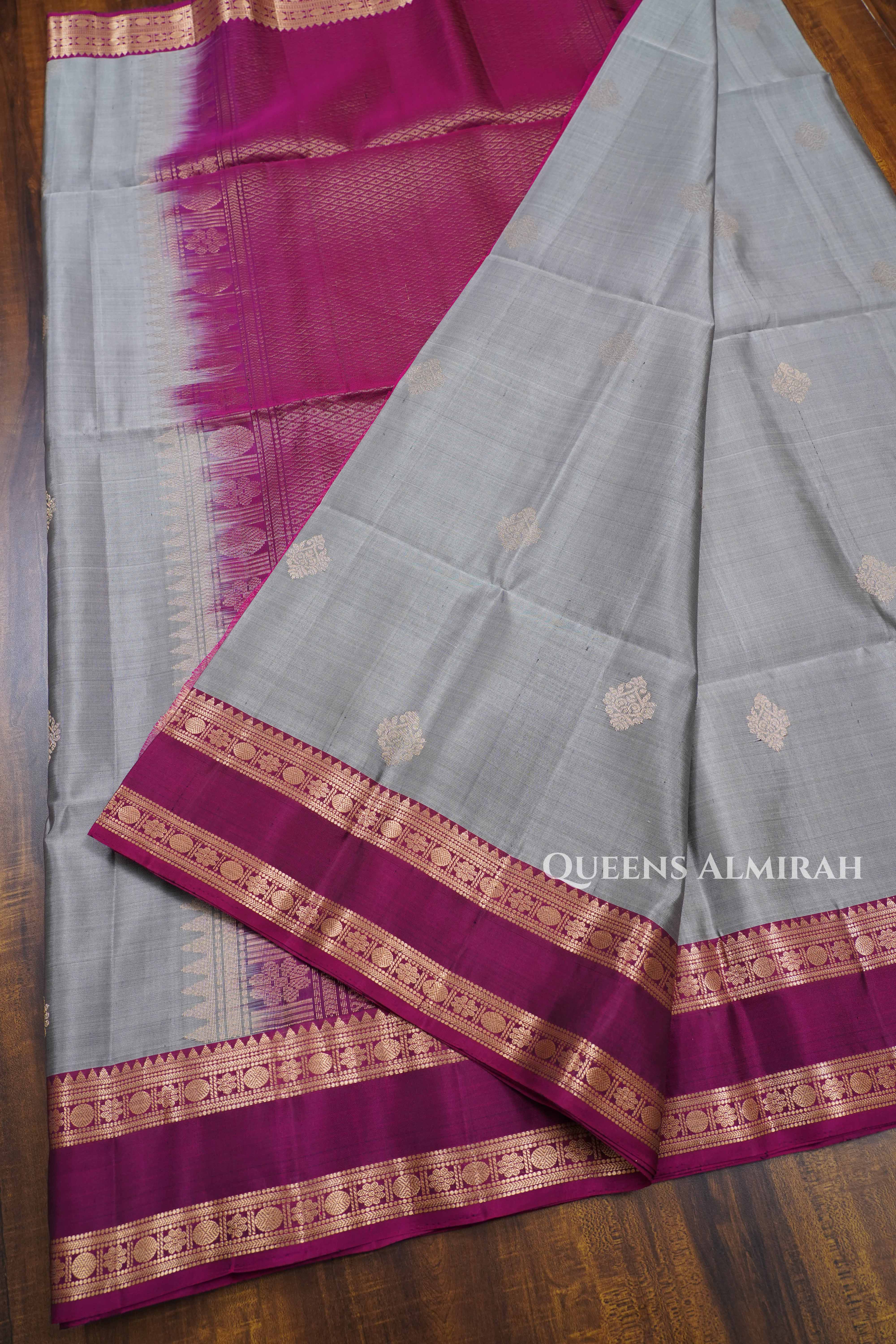 Ash Grey With Purple Pure Soft Silk Saree