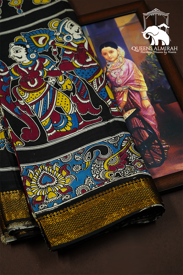 BLACK WITH  GOLDEN BORDER MANGALGIRI SAREE - Queens Jewel Emporium