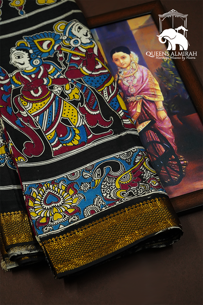 BLACK WITH  GOLDEN BORDER MANGALGIRI SAREE - Queens Jewel Emporium