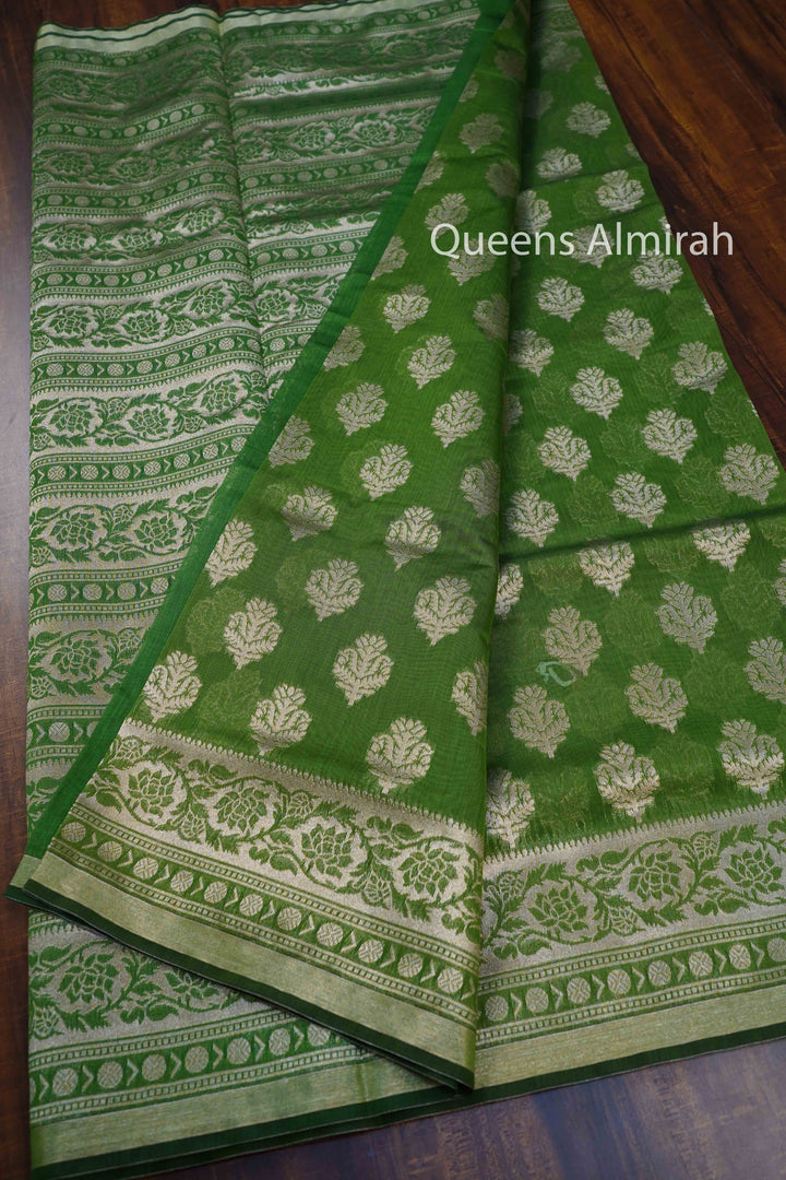GREEN GREY BANARASI SILK COTTON SAREE - Queens Jewel Emporium