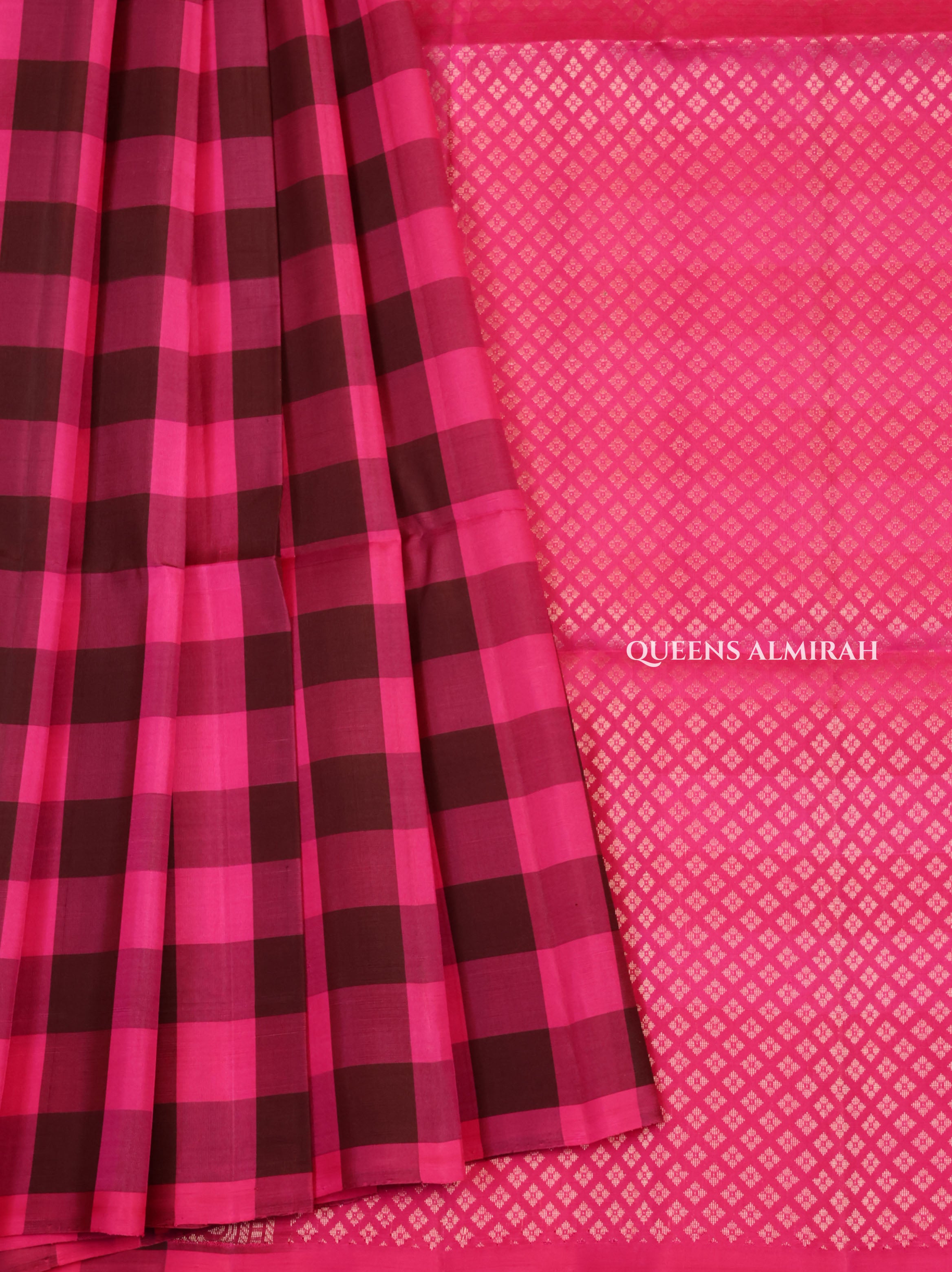 Pink With Black Checks Pure Soft Silk Saree