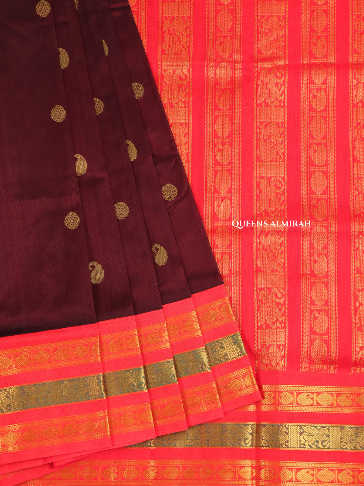 Dark Brown With Red Pure Silk Cotton Saree