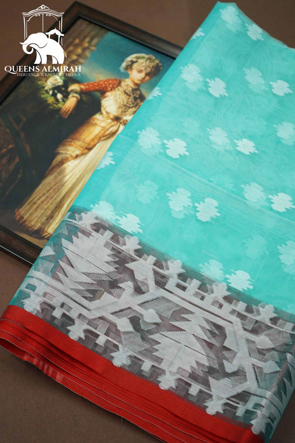 SEA GREEN WITH GREY MUSLIN JAMDANI SAREE - Queens Jewel Emporium