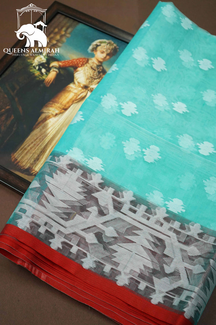SEA GREEN WITH GREY MUSLIN JAMDANI SAREE - Queens Jewel Emporium