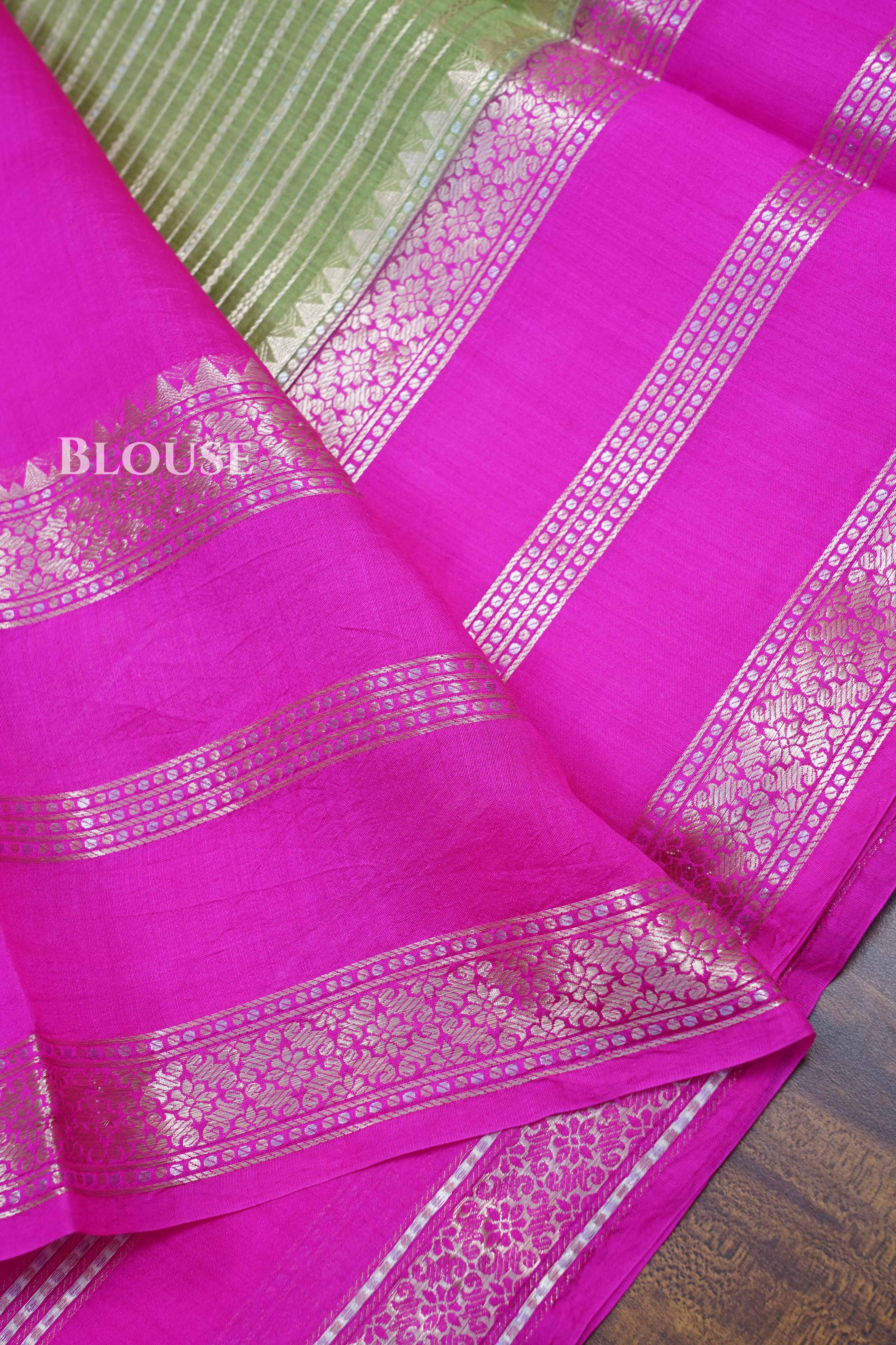 Olive Green With Pink Chiniya Silk Saree