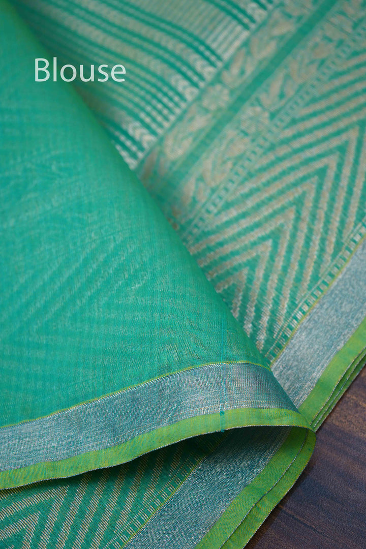 GREENY BLUE PURE SILK COTTON SAREE - Queens Jewel Emporium