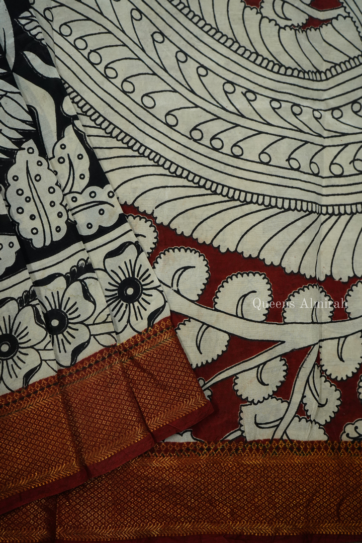 BLACK WITH RED AND GOLDEN BORDER MANGALGIRI SAREE - Queens Jewel Emporium