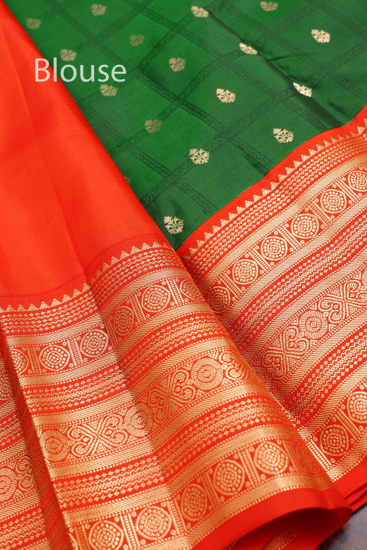 LEAF GREEN WITH RED PURE KANCHIVARAM SILK SAREE - Queens Jewel Emporium