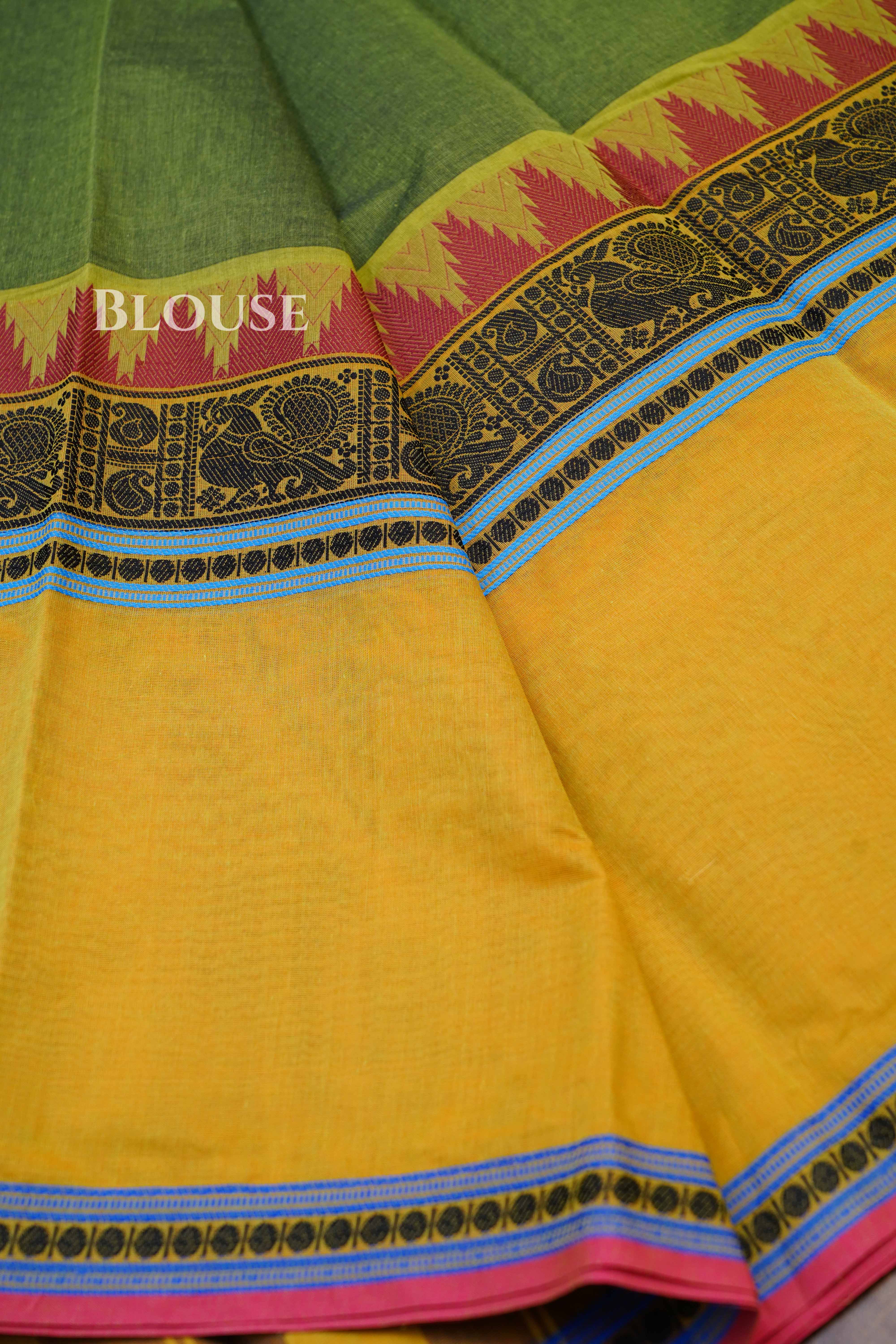 Paasa Pachai With Mustard Yellow Chettinad Cotton Saree