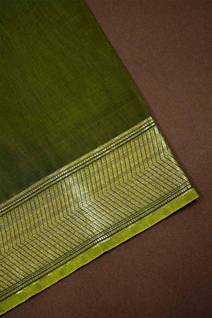 OLIVE GREEN BROCADE SILK COTTON SAREE - Queens Jewel Emporium