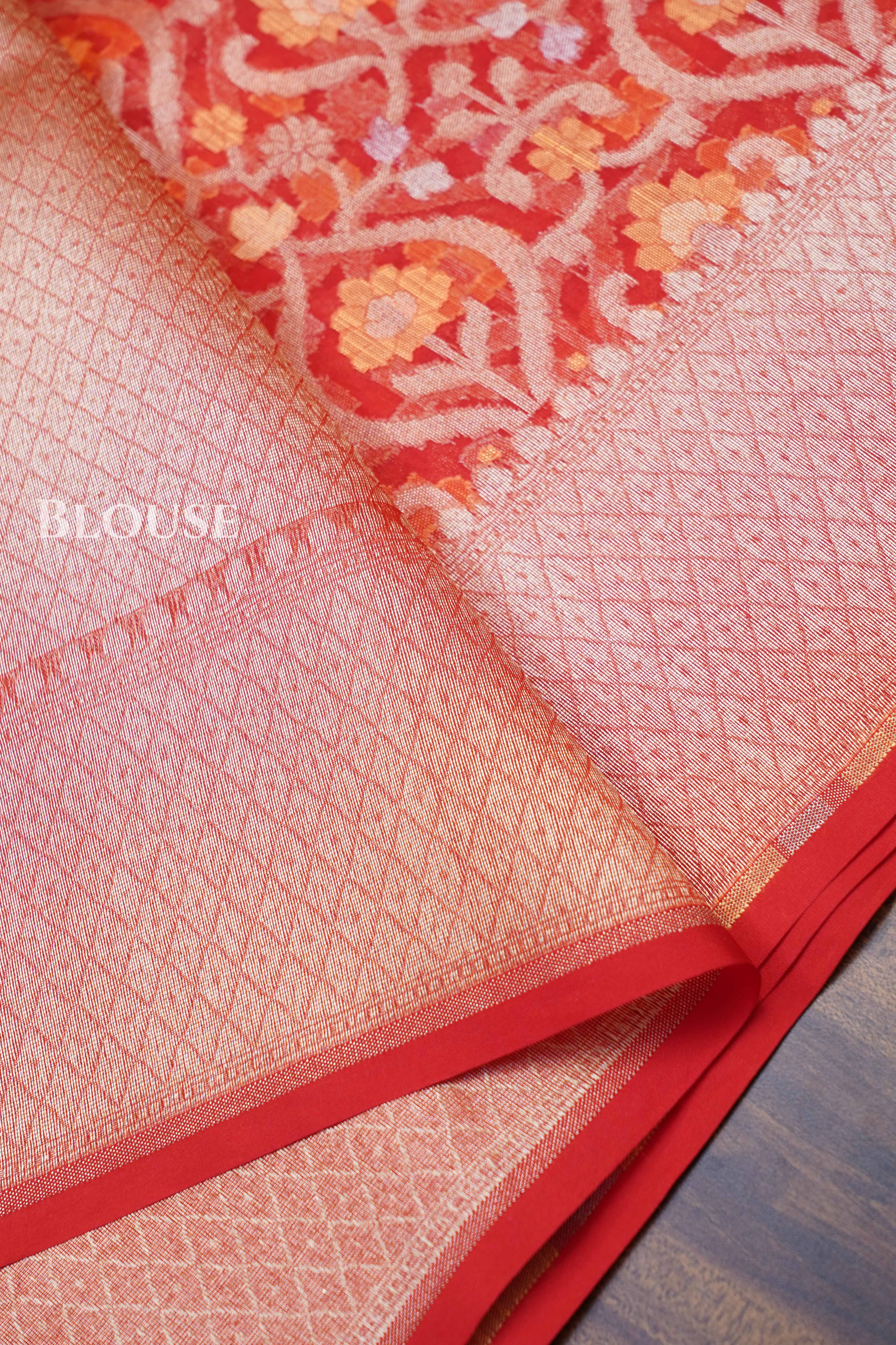 Rust Orange Banarasi Organza Silk Saree