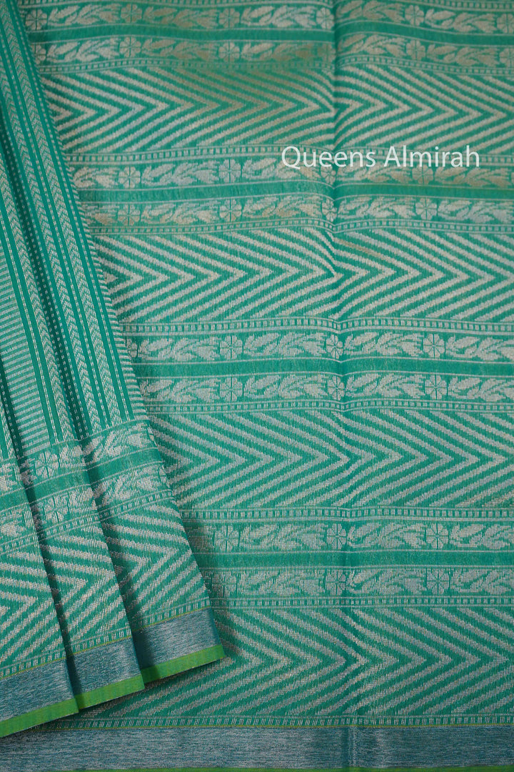 GREENY BLUE PURE SILK COTTON SAREE - Queens Jewel Emporium
